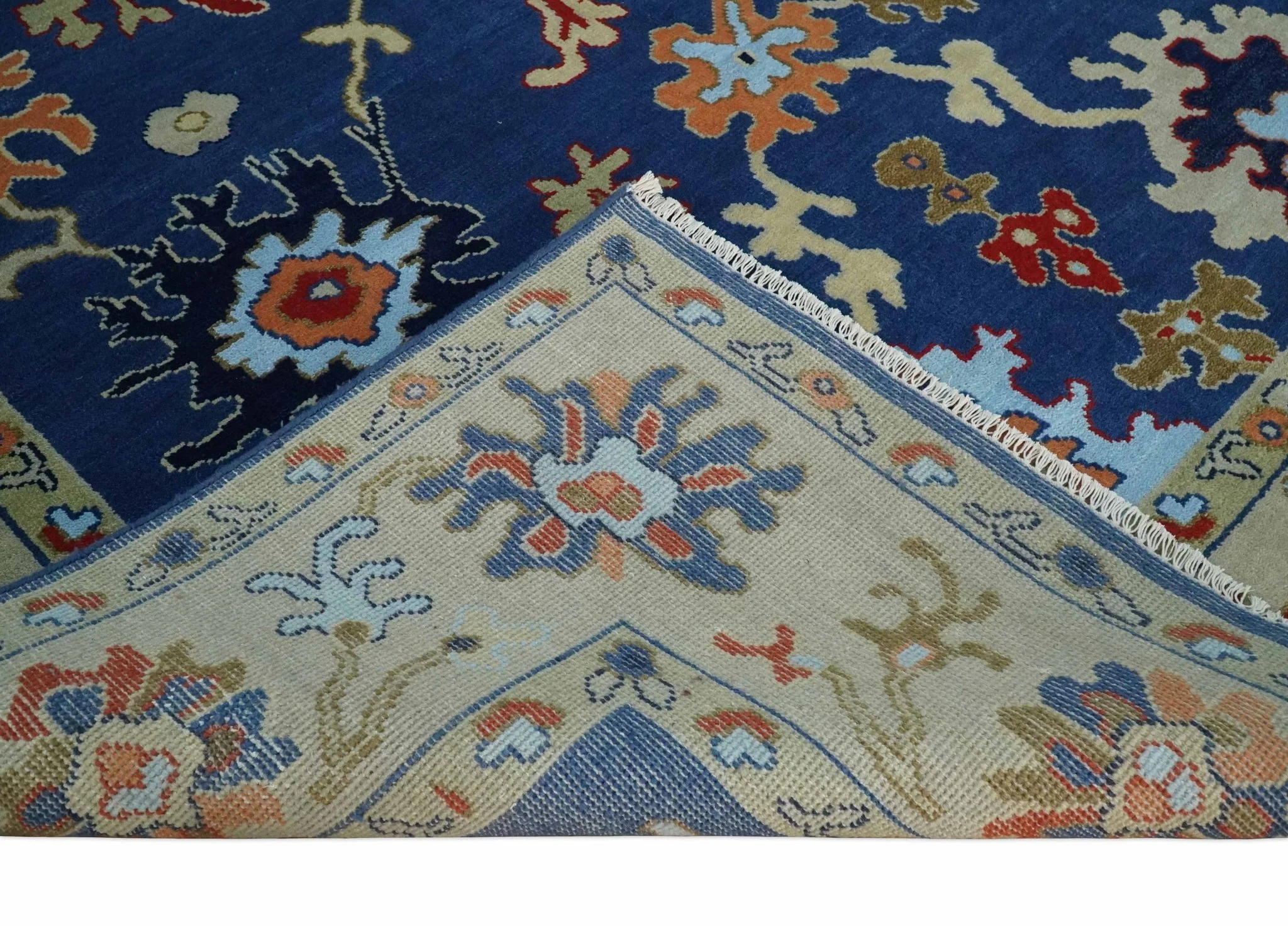 9x12 Hand Knotted Blue and Beige Colorful Oushak Wool Area Rug - Image 7
