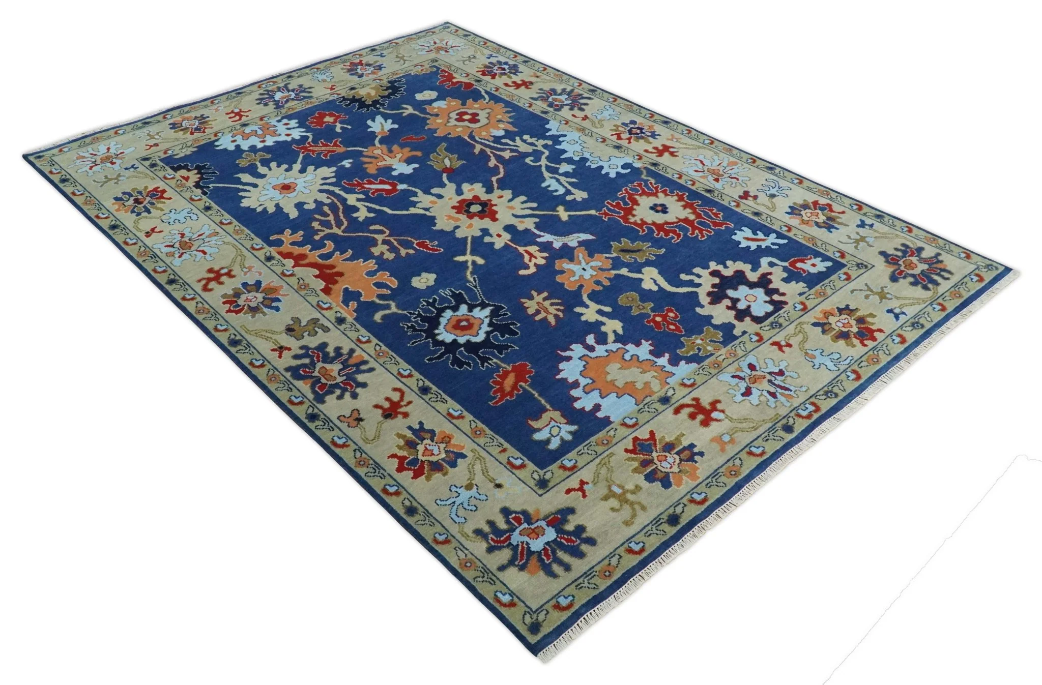 9x12 Hand Knotted Blue and Beige Colorful Oushak Wool Area Rug - Image 9