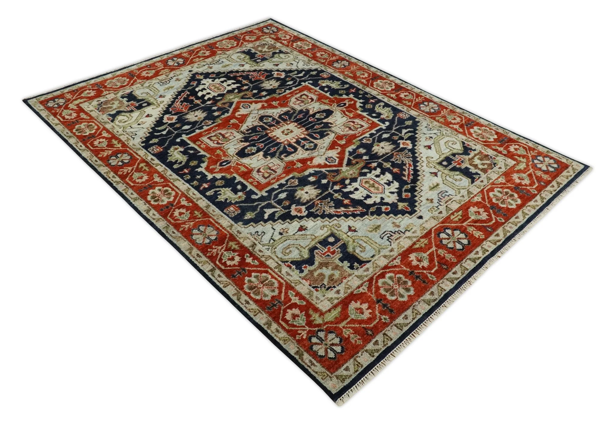 9x12 Hand Knotted Blue and Rust Traditional Heriz Serapi Antique Wool Rug | TRDCP680912 - Image 10