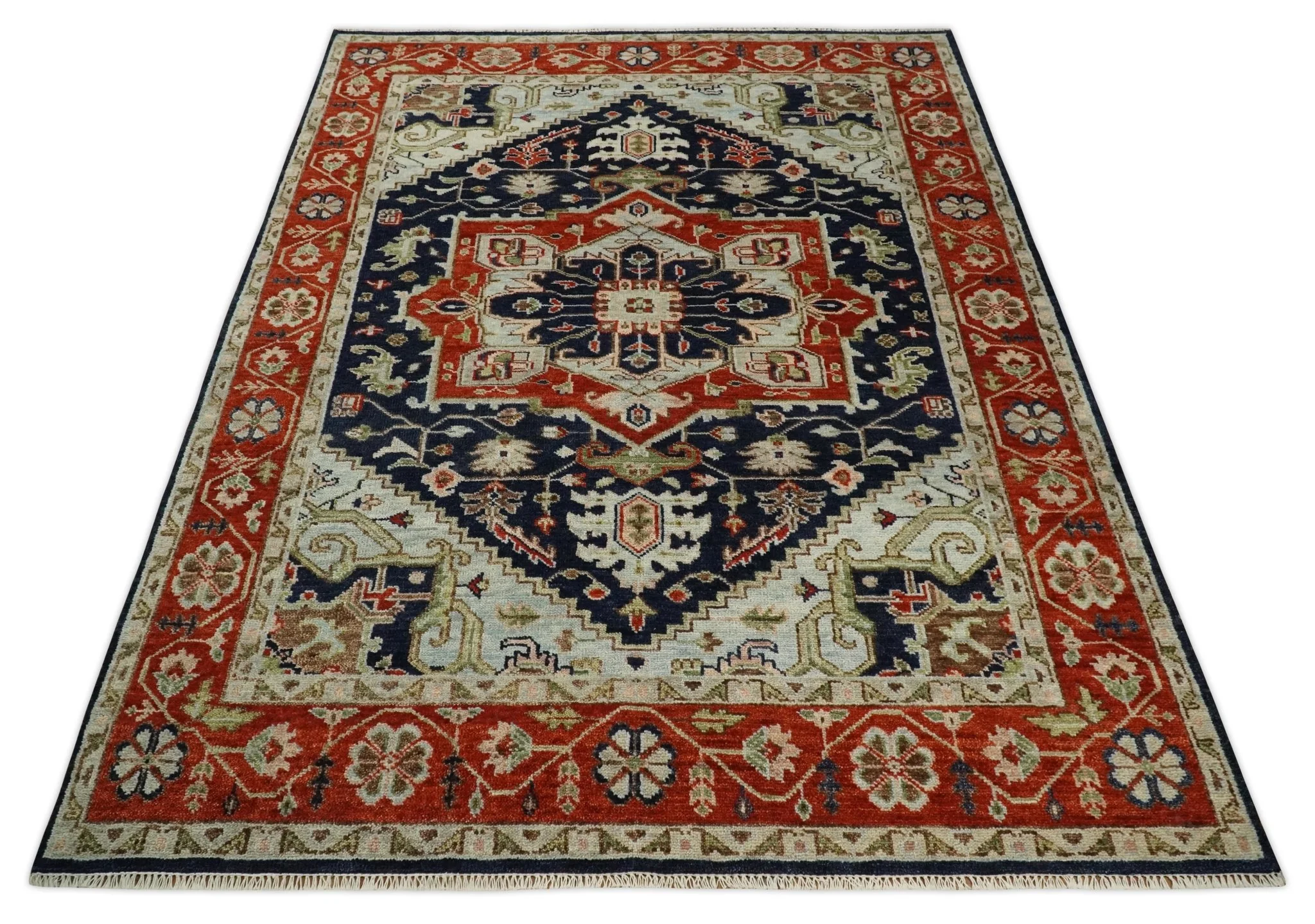 9x12 Hand Knotted Blue and Rust Traditional Heriz Serapi Antique Wool Rug | TRDCP680912 - Image 11