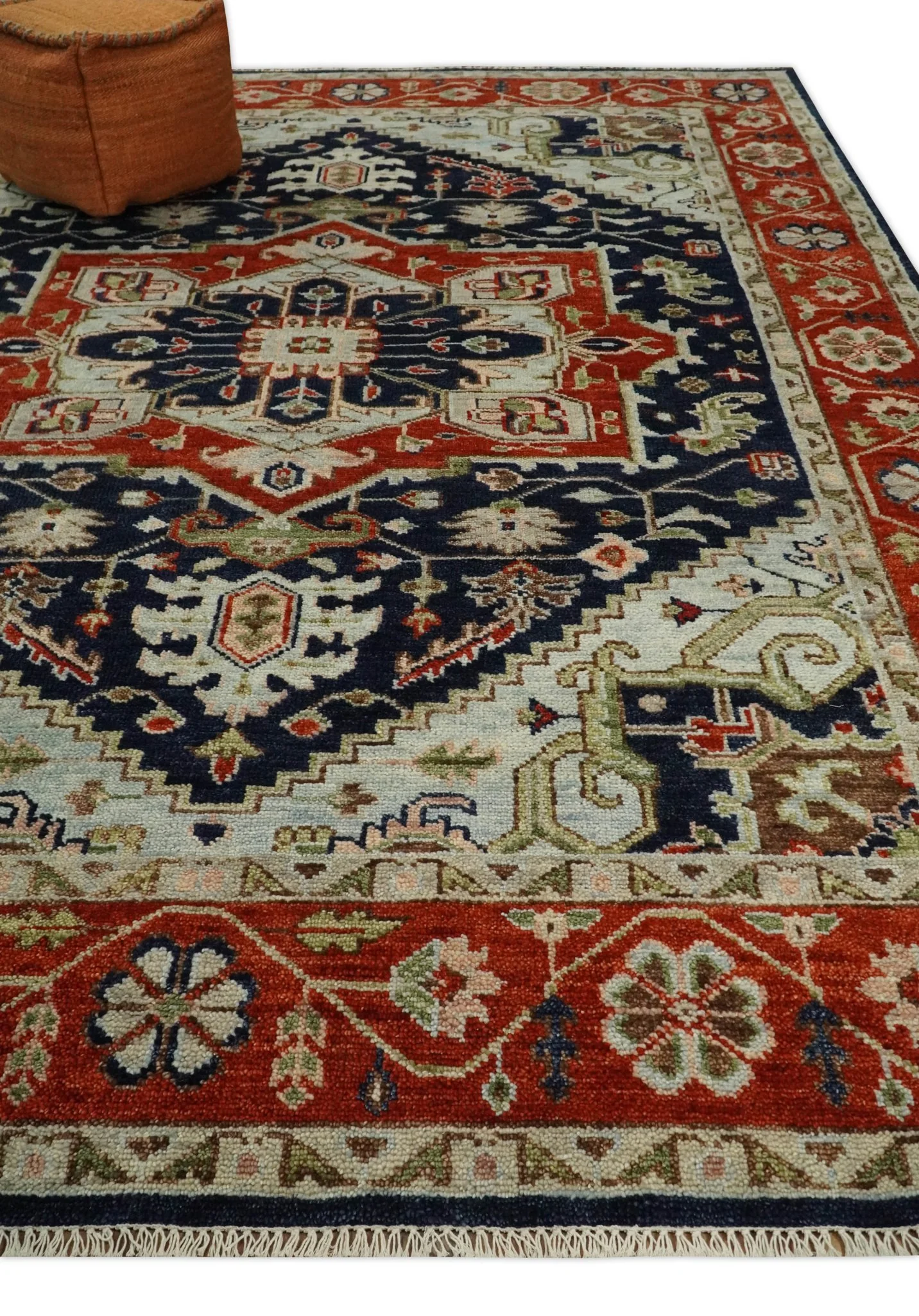9x12 Hand Knotted Blue and Rust Traditional Heriz Serapi Antique Wool Rug | TRDCP680912 - Image 3