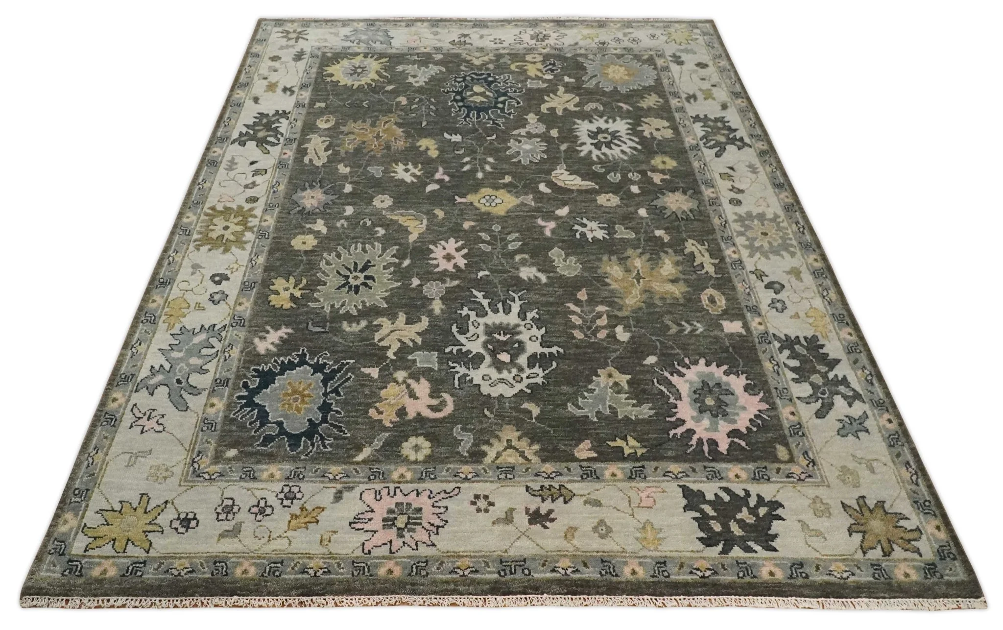 Custom Made Living Room Rug Hand Knotted Dark Gray and Beige Traditional Wool Rug - Image 10