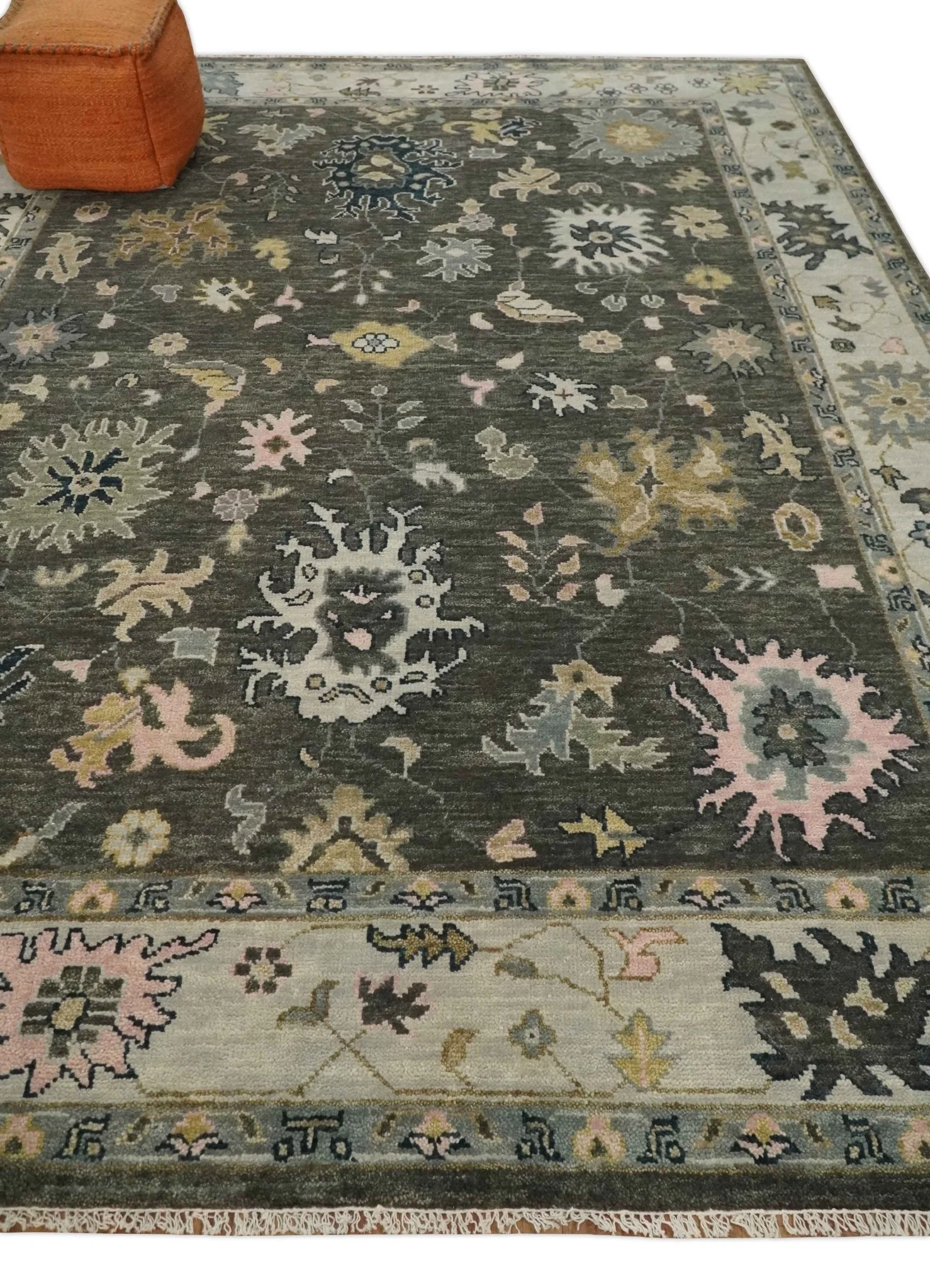 Custom Made Living Room Rug Hand Knotted Dark Gray and Beige Traditional Wool Rug - Image 3
