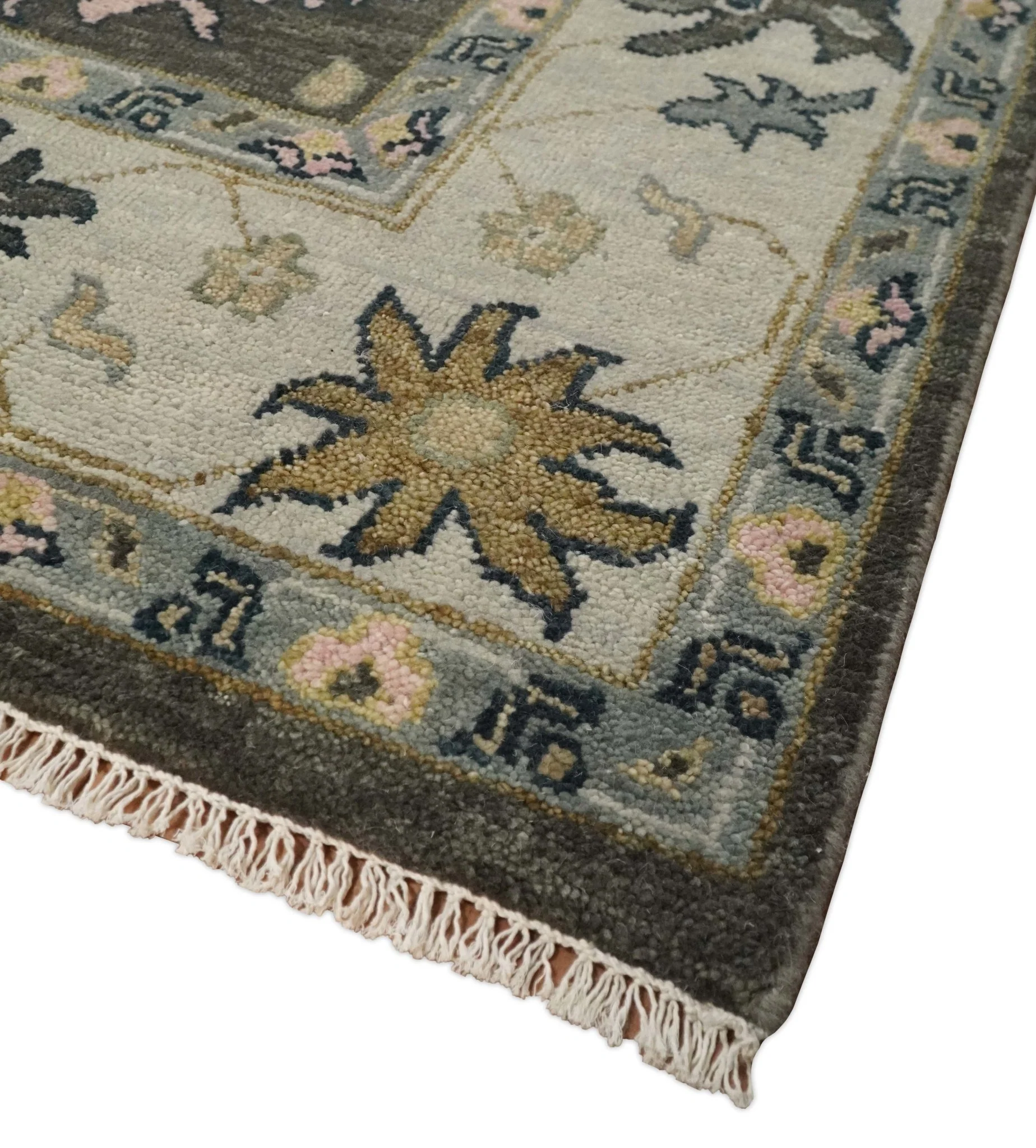 Custom Made Living Room Rug Hand Knotted Dark Gray and Beige Traditional Wool Rug - Image 5
