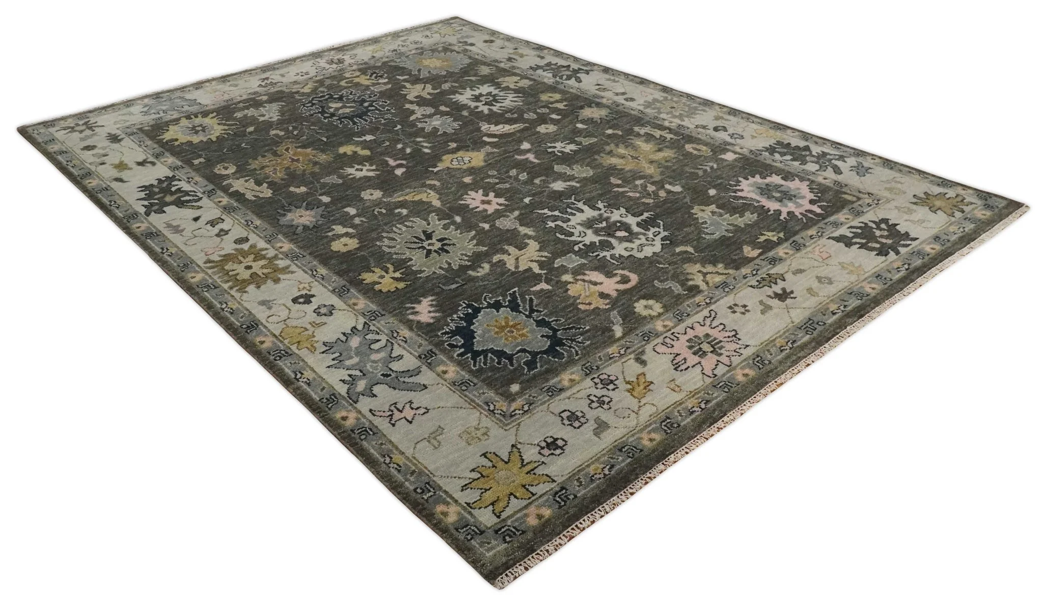 Custom Made Living Room Rug Hand Knotted Dark Gray and Beige Traditional Wool Rug - Image 9