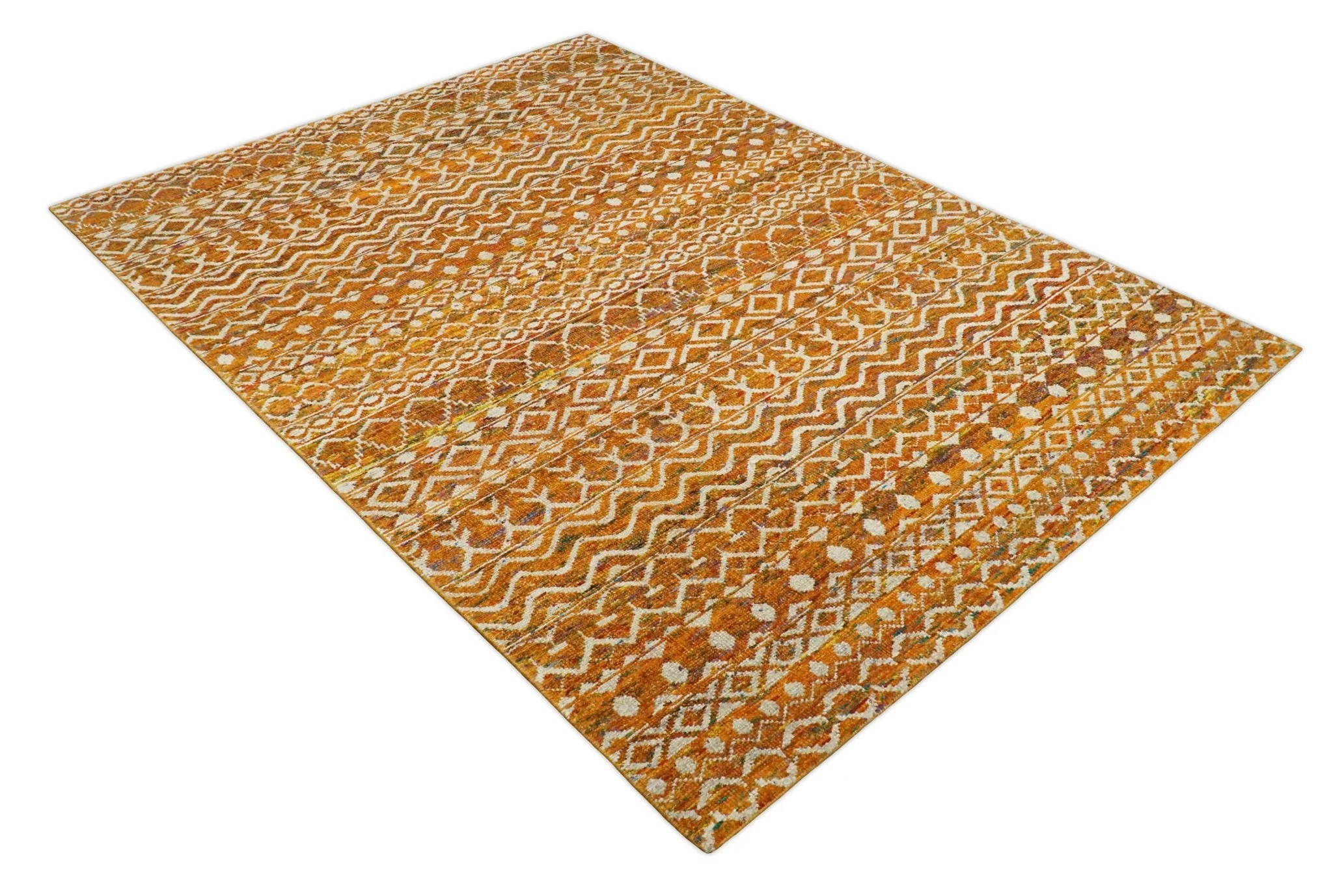 9x12 Hand Knotted Gold and White Modern Contemporary Southwestern Tribal Trellis Recycled Silk Area Rug | OP16 - Image 11
