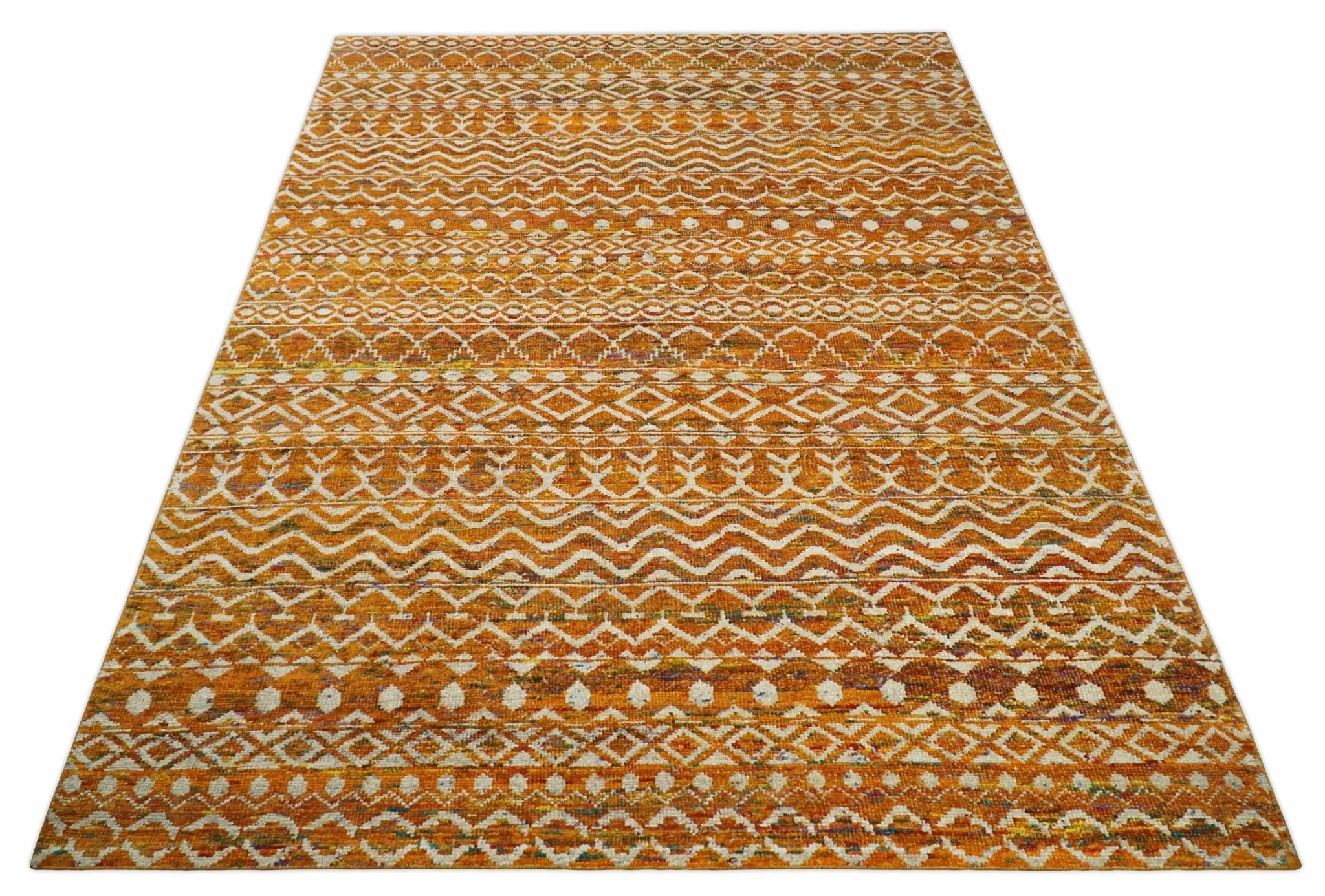 9x12 Hand Knotted Gold and White Modern Contemporary Southwestern Tribal Trellis Recycled Silk Area Rug | OP16 - Image 12