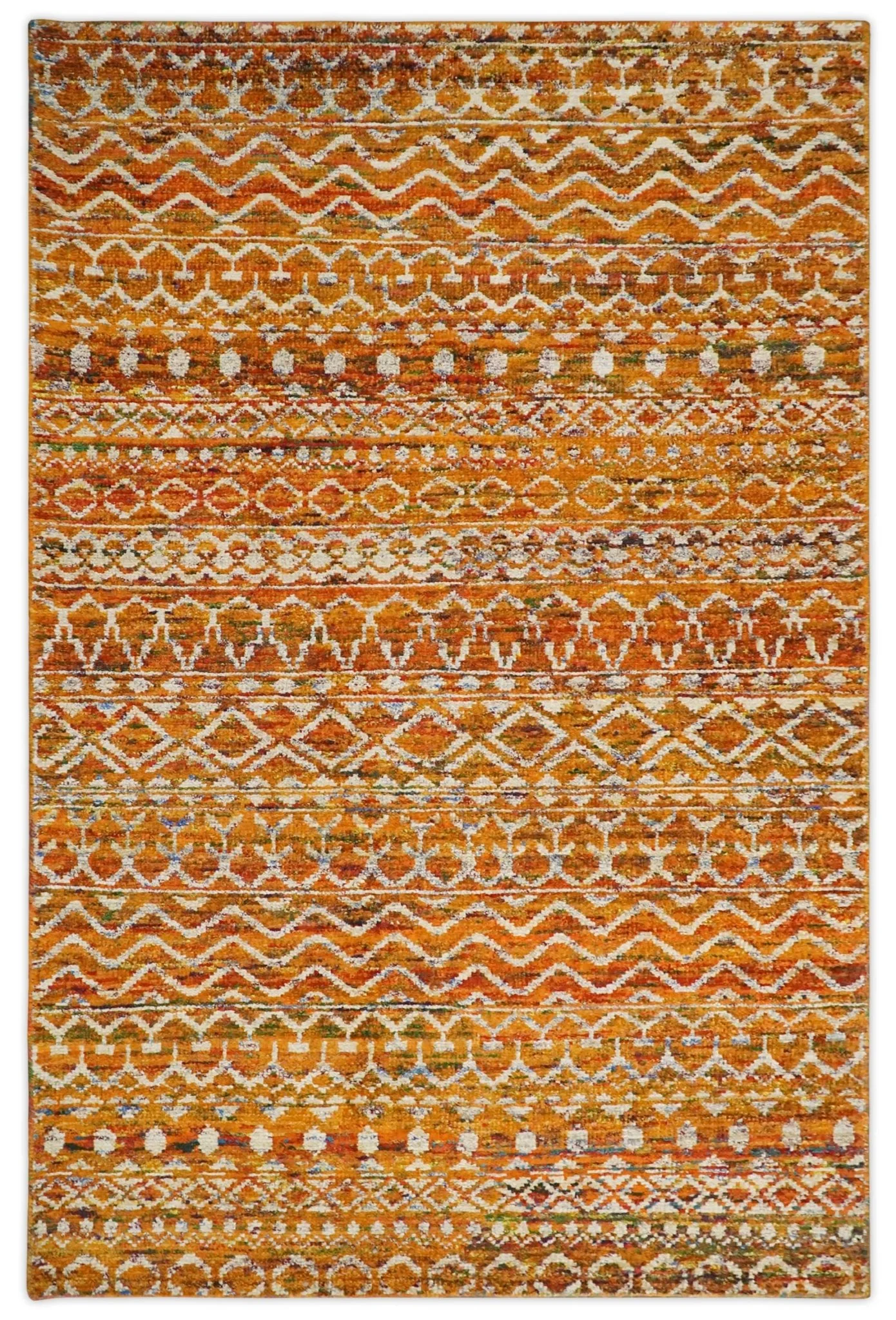 9x12 Hand Knotted Gold and White Modern Contemporary Southwestern Tribal Trellis Recycled Silk Area Rug | OP16 - Image 13