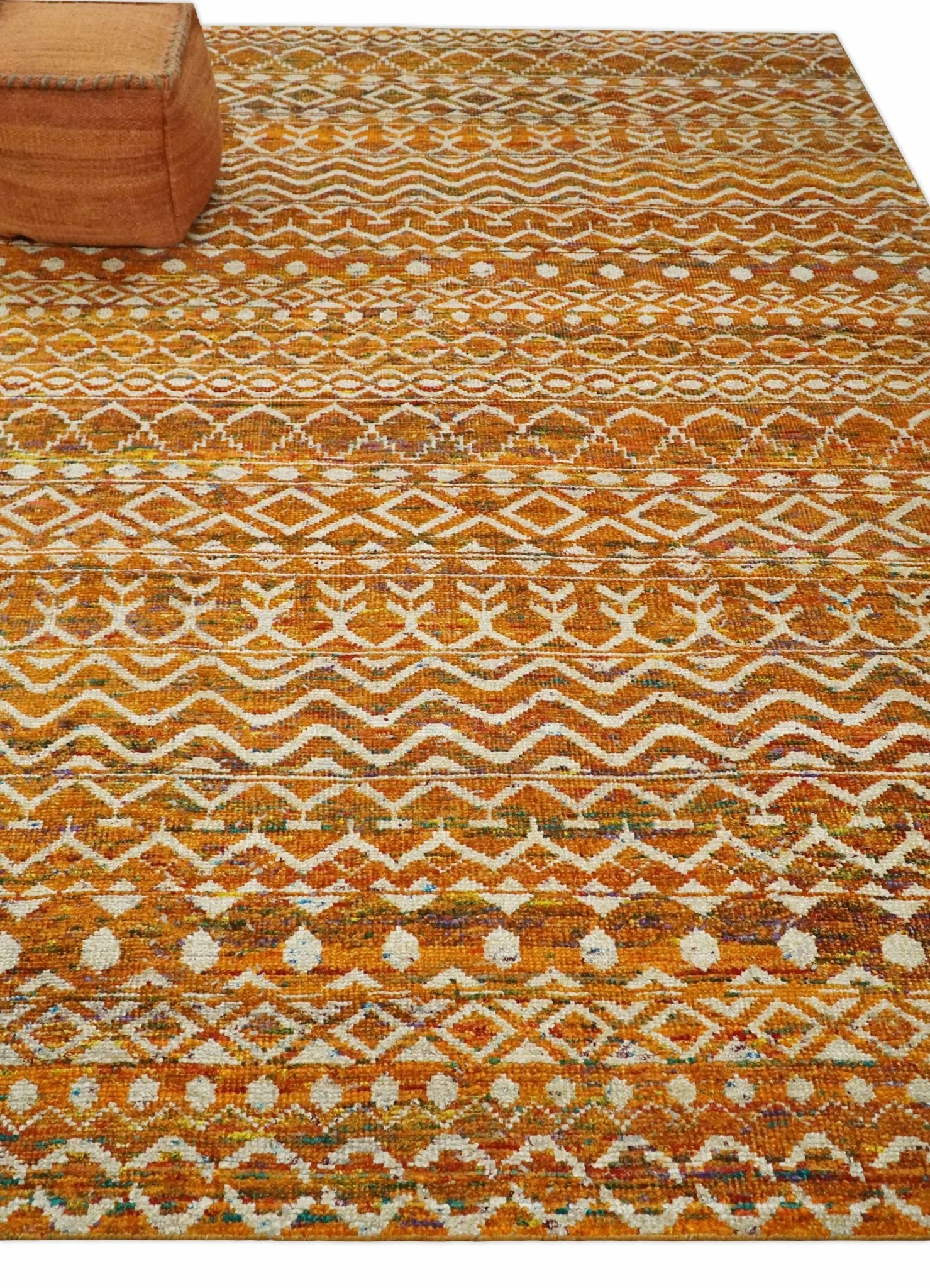 9x12 Hand Knotted Gold and White Modern Contemporary Southwestern Tribal Trellis Recycled Silk Area Rug | OP16 - Image 3