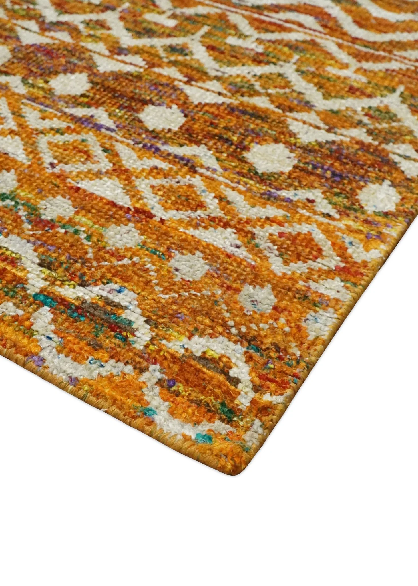 9x12 Hand Knotted Gold and White Modern Contemporary Southwestern Tribal Trellis Recycled Silk Area Rug | OP16 - Image 7