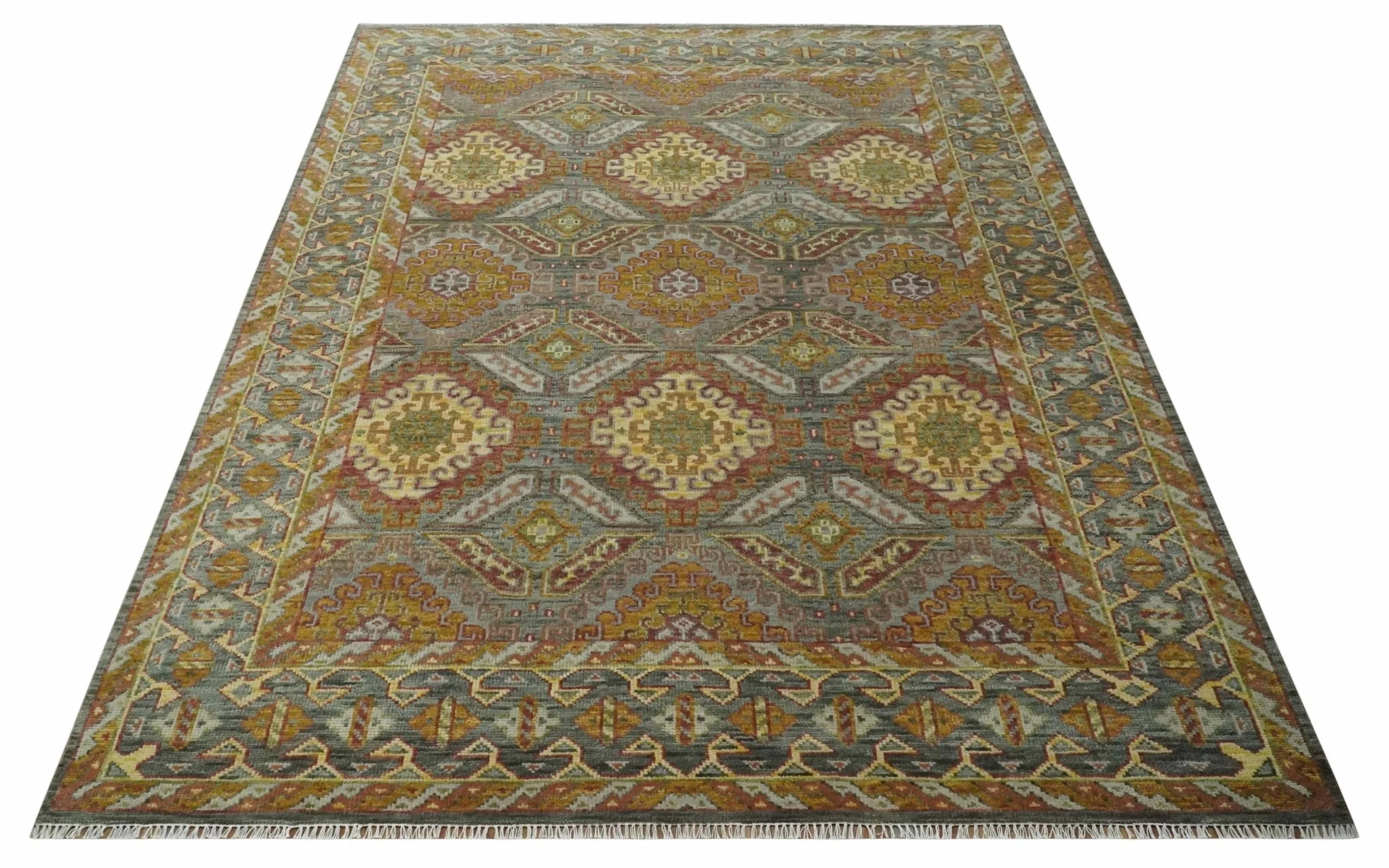 Hand Knotted Gold and Charcoal 9x12 Oriental Traditional Wool Area Rug - Image 2