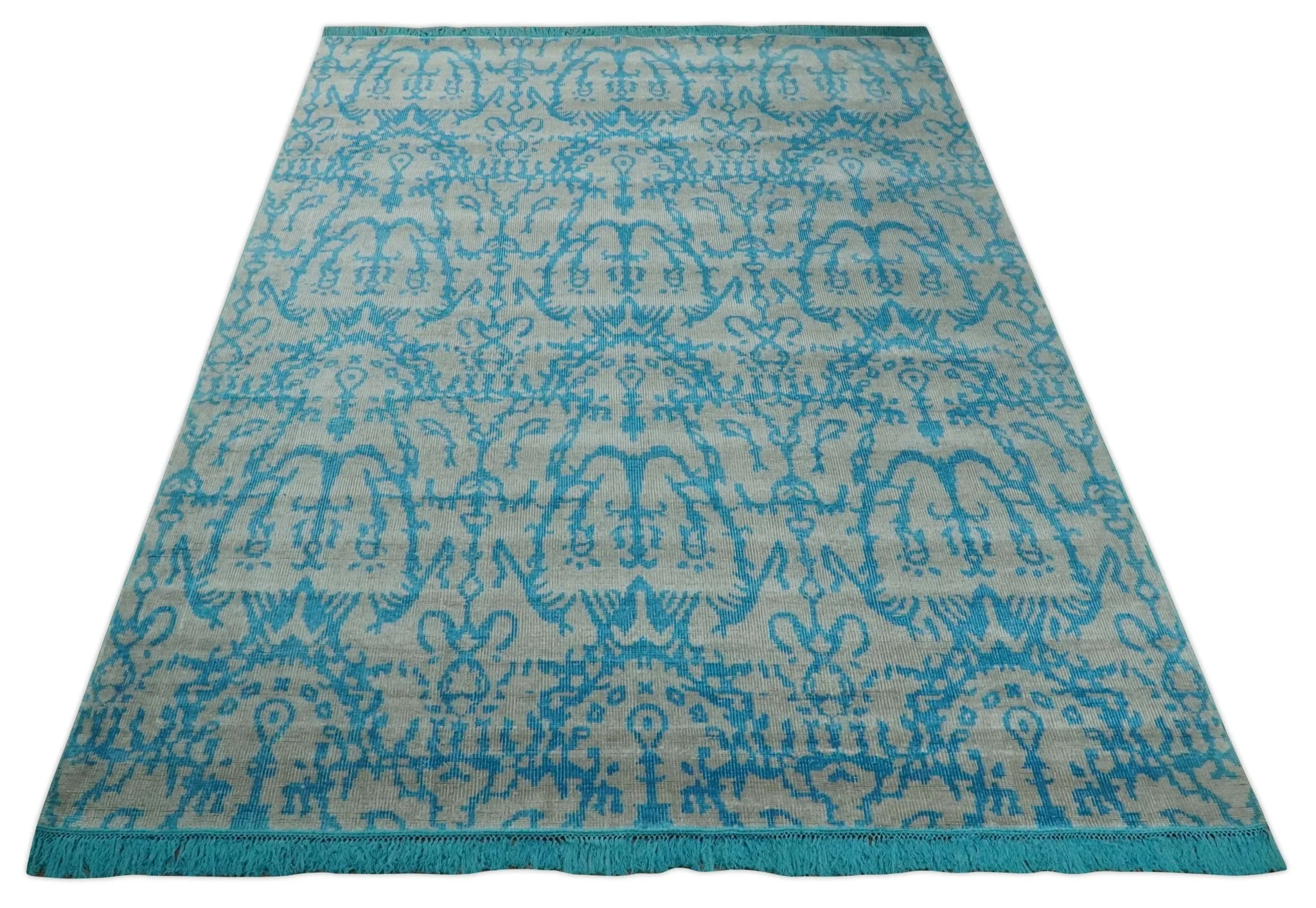 10x14 Hand Knotted Gray and Blue Modern Contemporary Southwestern Tribal Trellis Bamboo Silk Area Rug | OP34 - Image 10