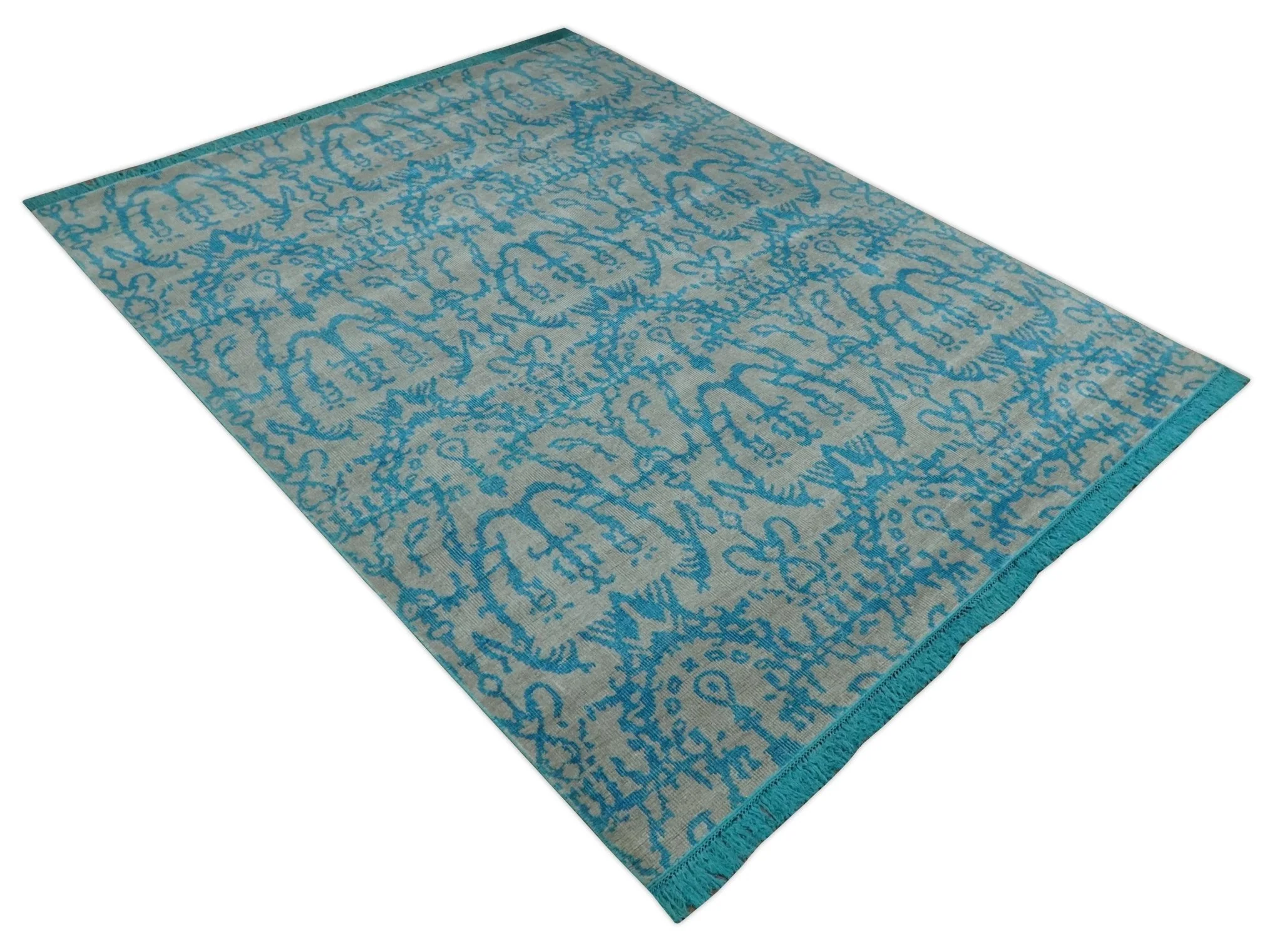 10x14 Hand Knotted Gray and Blue Modern Contemporary Southwestern Tribal Trellis Bamboo Silk Area Rug | OP34 - Image 12