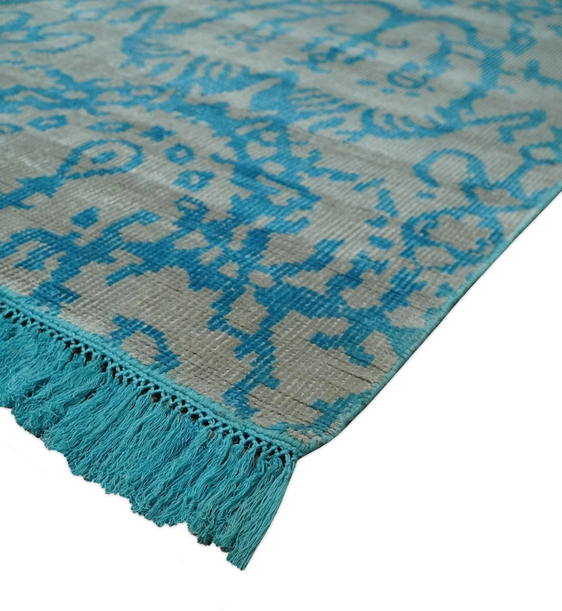 10x14 Hand Knotted Gray and Blue Modern Contemporary Southwestern Tribal Trellis Bamboo Silk Area Rug | OP34 - Image 6