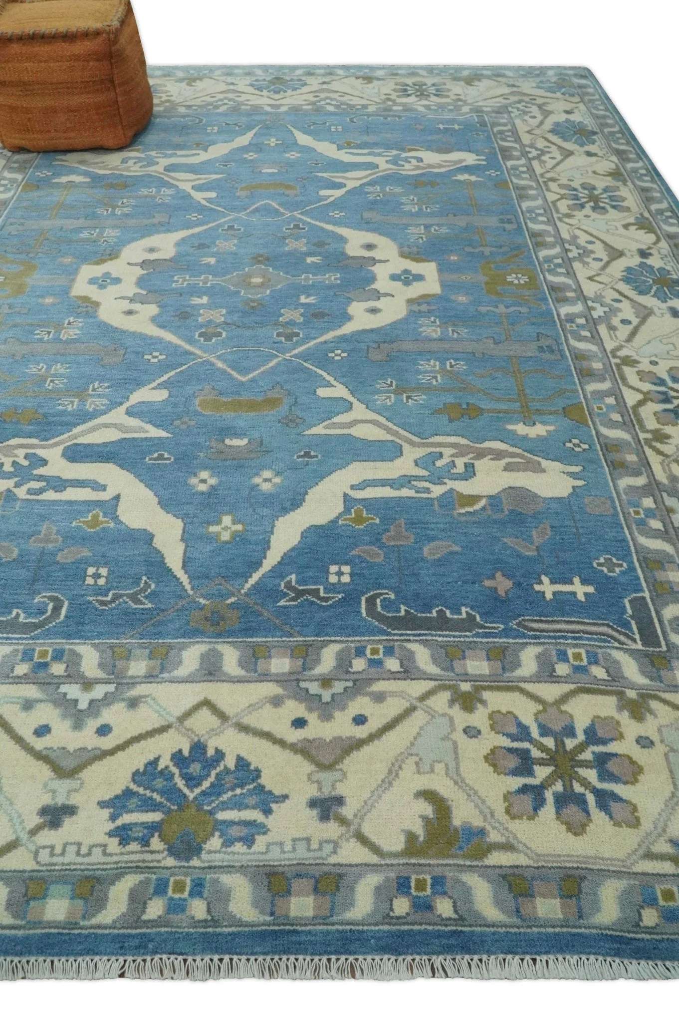 Hand Knotted 9x12 Oriental Oushak Blue and Beige Wool Area Rug | TRDCP1082912 - Image 3