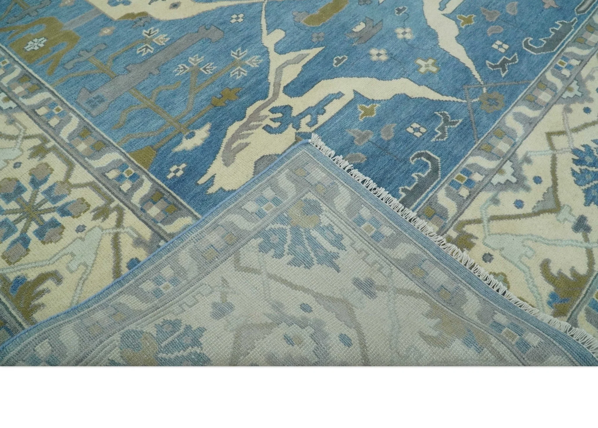 Hand Knotted 9x12 Oriental Oushak Blue and Beige Wool Area Rug | TRDCP1082912 - Image 6