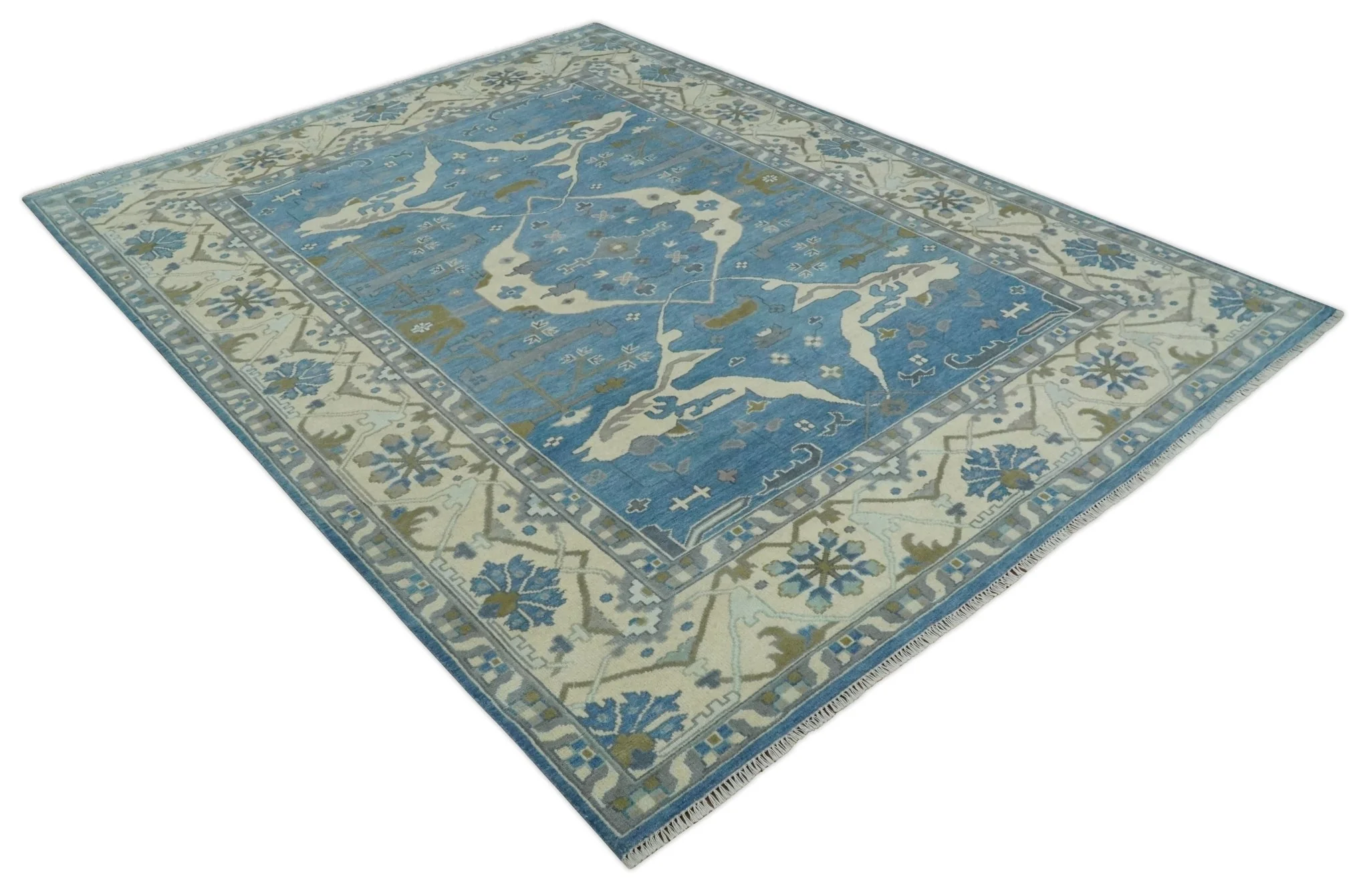 Hand Knotted 9x12 Oriental Oushak Blue and Beige Wool Area Rug | TRDCP1082912 - Image 8