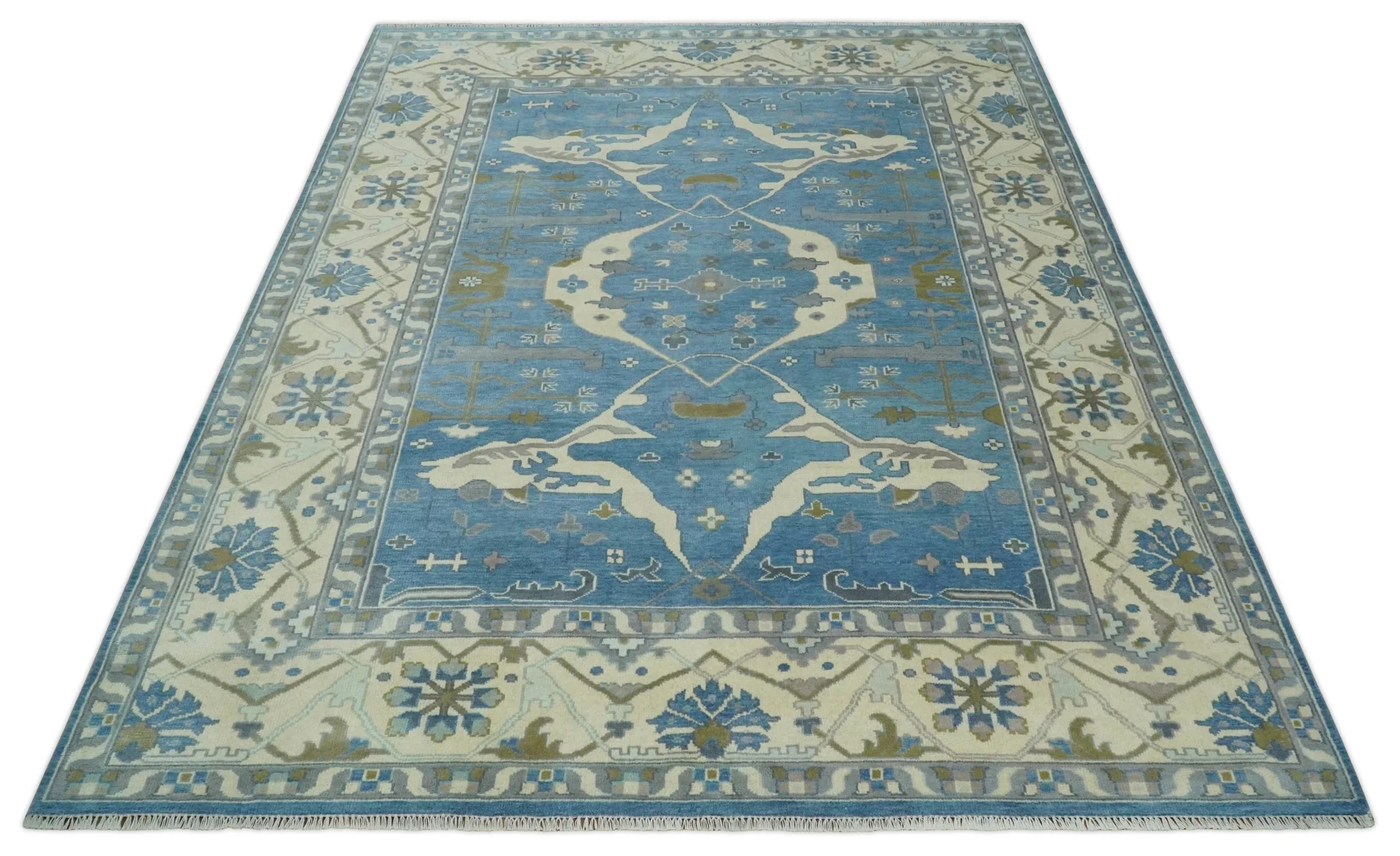 Hand Knotted 9x12 Oriental Oushak Blue and Beige Wool Area Rug | TRDCP1082912 - Image 9