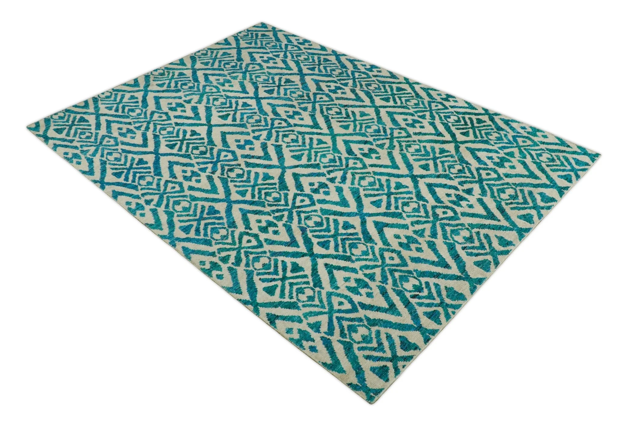 4x6 and 9x12 Hand Knotted Ivory and Blue Modern Contemporary Southwestern Tribal Trellis Recycled Silk Area Rug | OP21 - Image 10