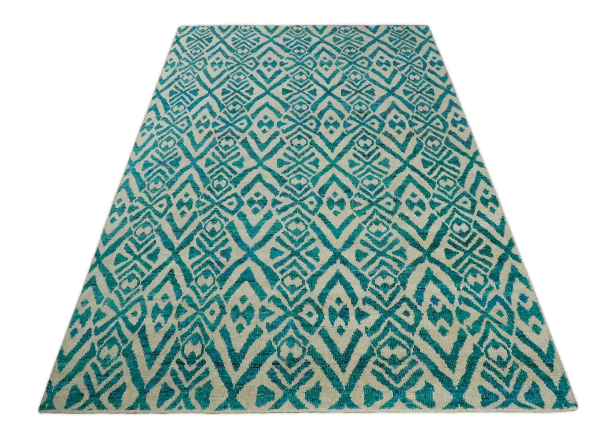 4x6 and 9x12 Hand Knotted Ivory and Blue Modern Contemporary Southwestern Tribal Trellis Recycled Silk Area Rug | OP21 - Image 11