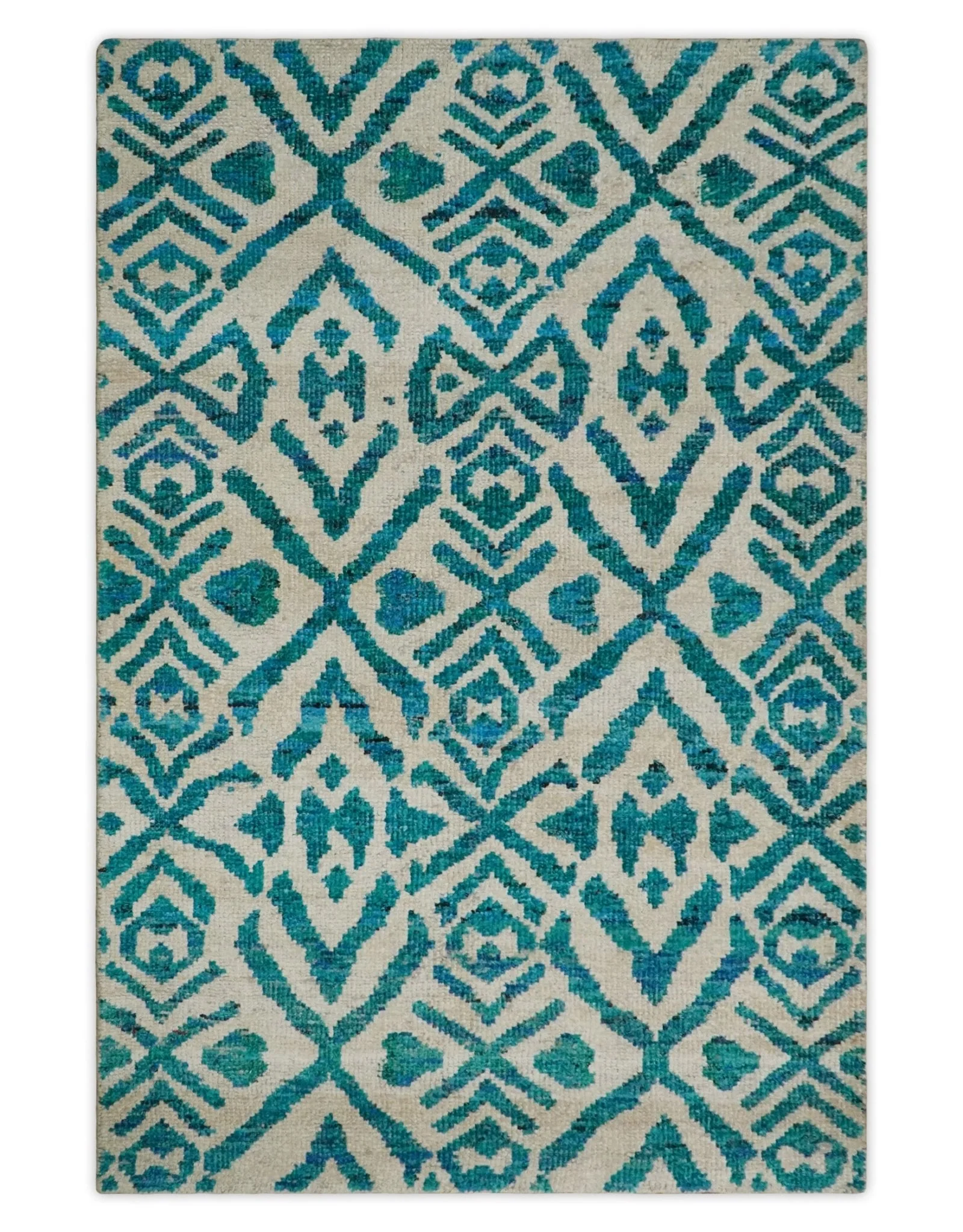 4x6 and 9x12 Hand Knotted Ivory and Blue Modern Contemporary Southwestern Tribal Trellis Recycled Silk Area Rug | OP21 - Image 13