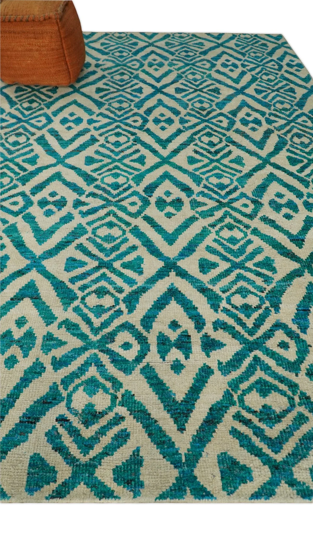 4x6 and 9x12 Hand Knotted Ivory and Blue Modern Contemporary Southwestern Tribal Trellis Recycled Silk Area Rug | OP21 - Image 3