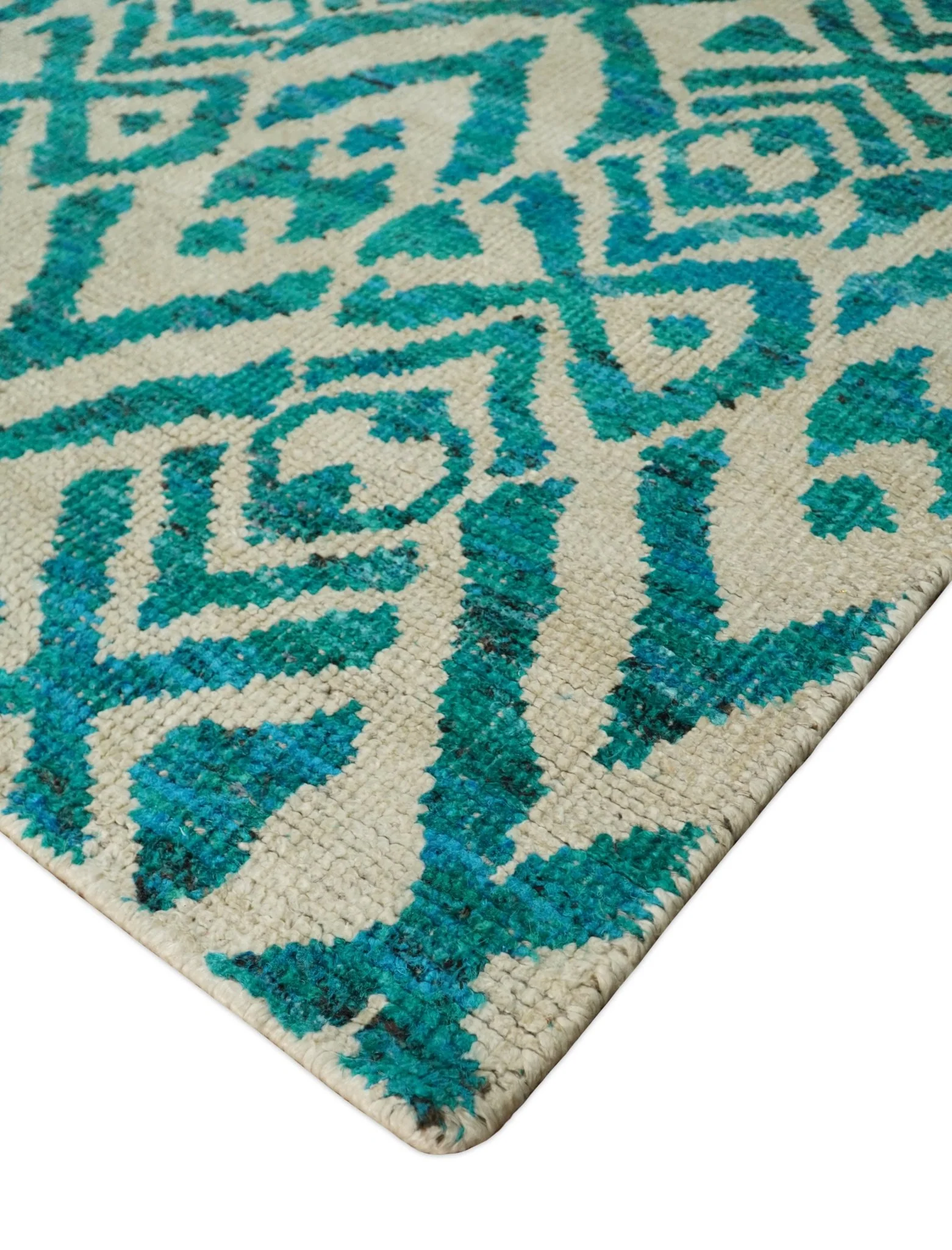 4x6 and 9x12 Hand Knotted Ivory and Blue Modern Contemporary Southwestern Tribal Trellis Recycled Silk Area Rug | OP21 - Image 5