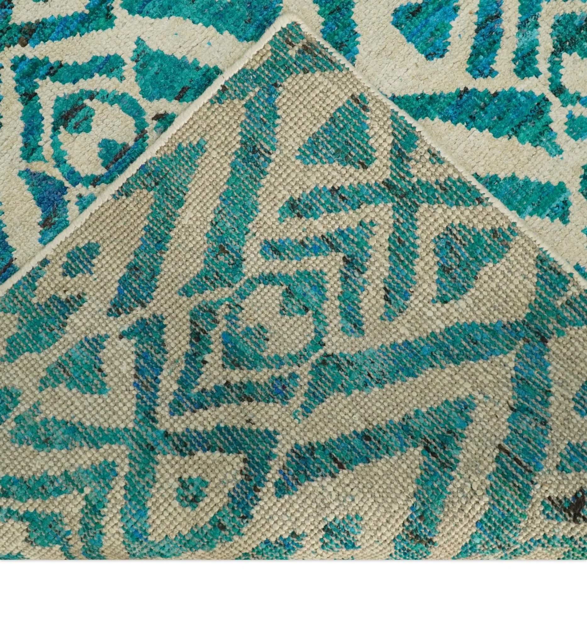 4x6 and 9x12 Hand Knotted Ivory and Blue Modern Contemporary Southwestern Tribal Trellis Recycled Silk Area Rug | OP21 - Image 7