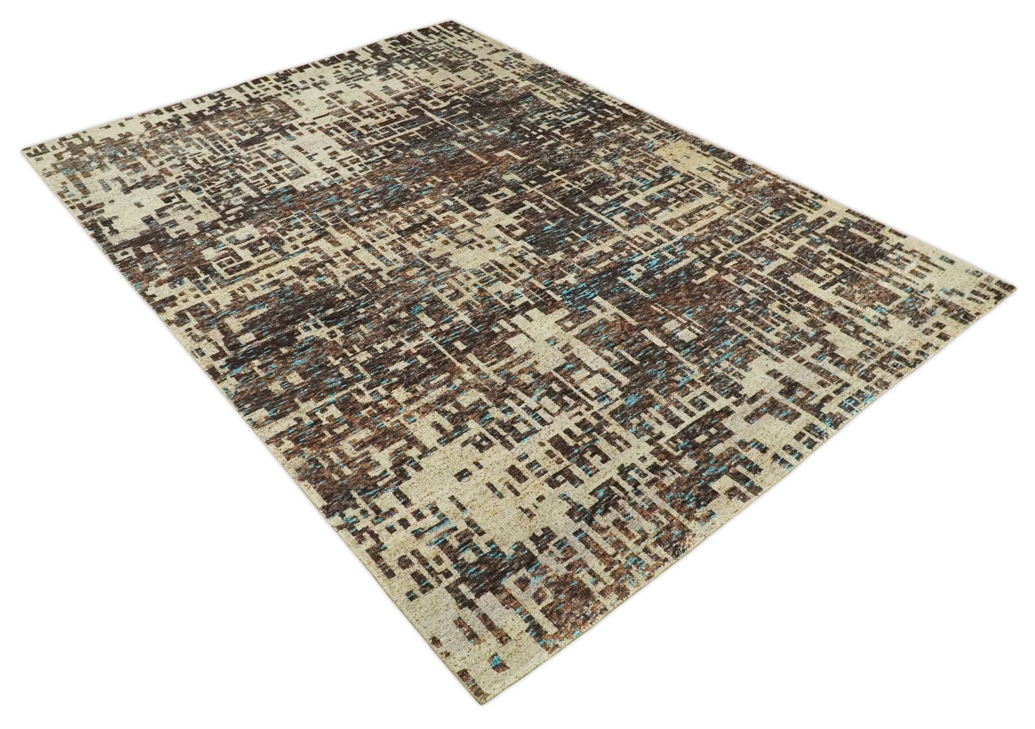 9x12 Hand Knotted Ivory and Brown Modern Abstract Contemporary Recycled Silk Area Rug | OP12 - Image 11