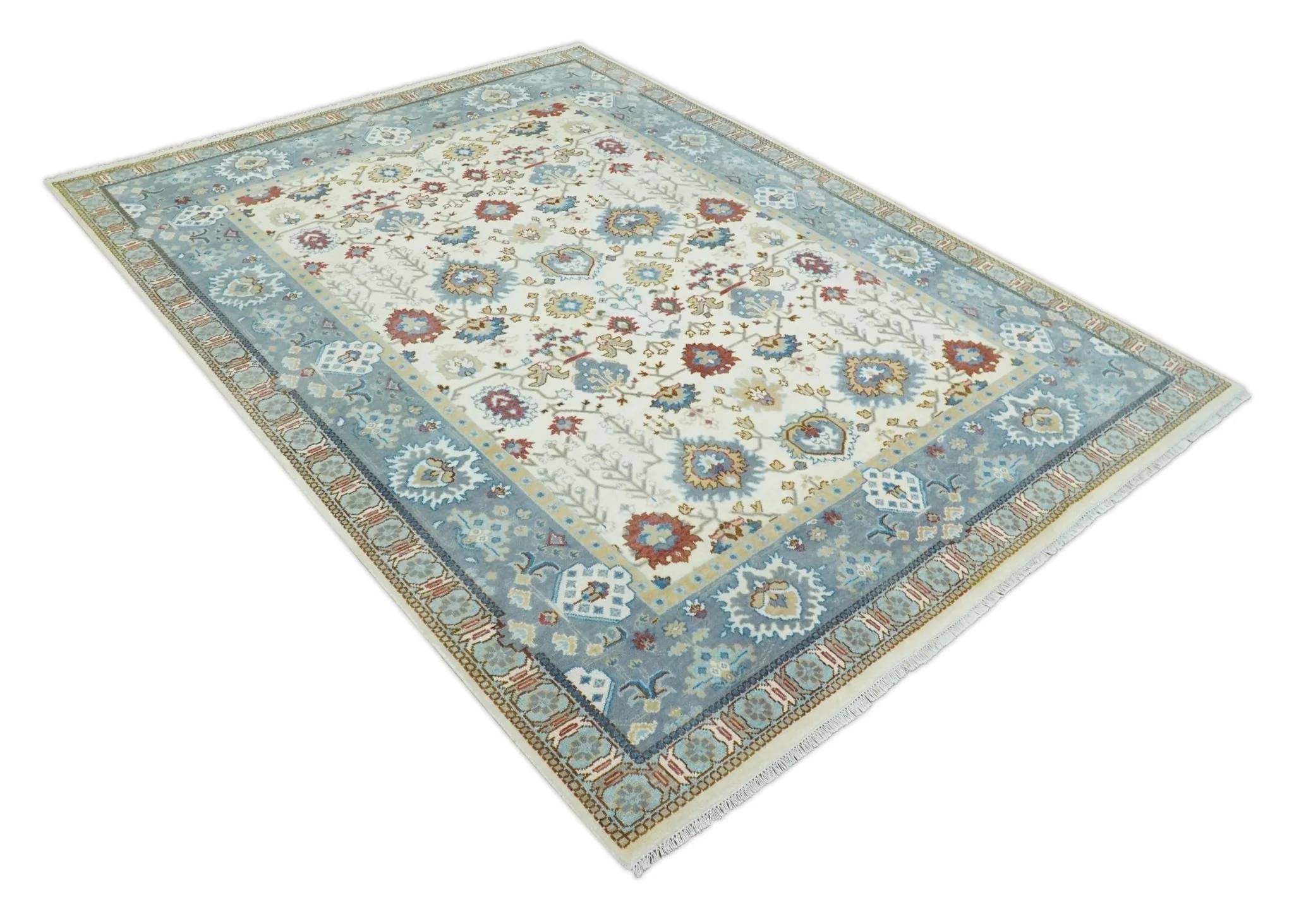 9x12 Hand Knotted Ivory, Blue and Olive Persian Oushak Wool Area Rug | TRDCP904912 - Image 10