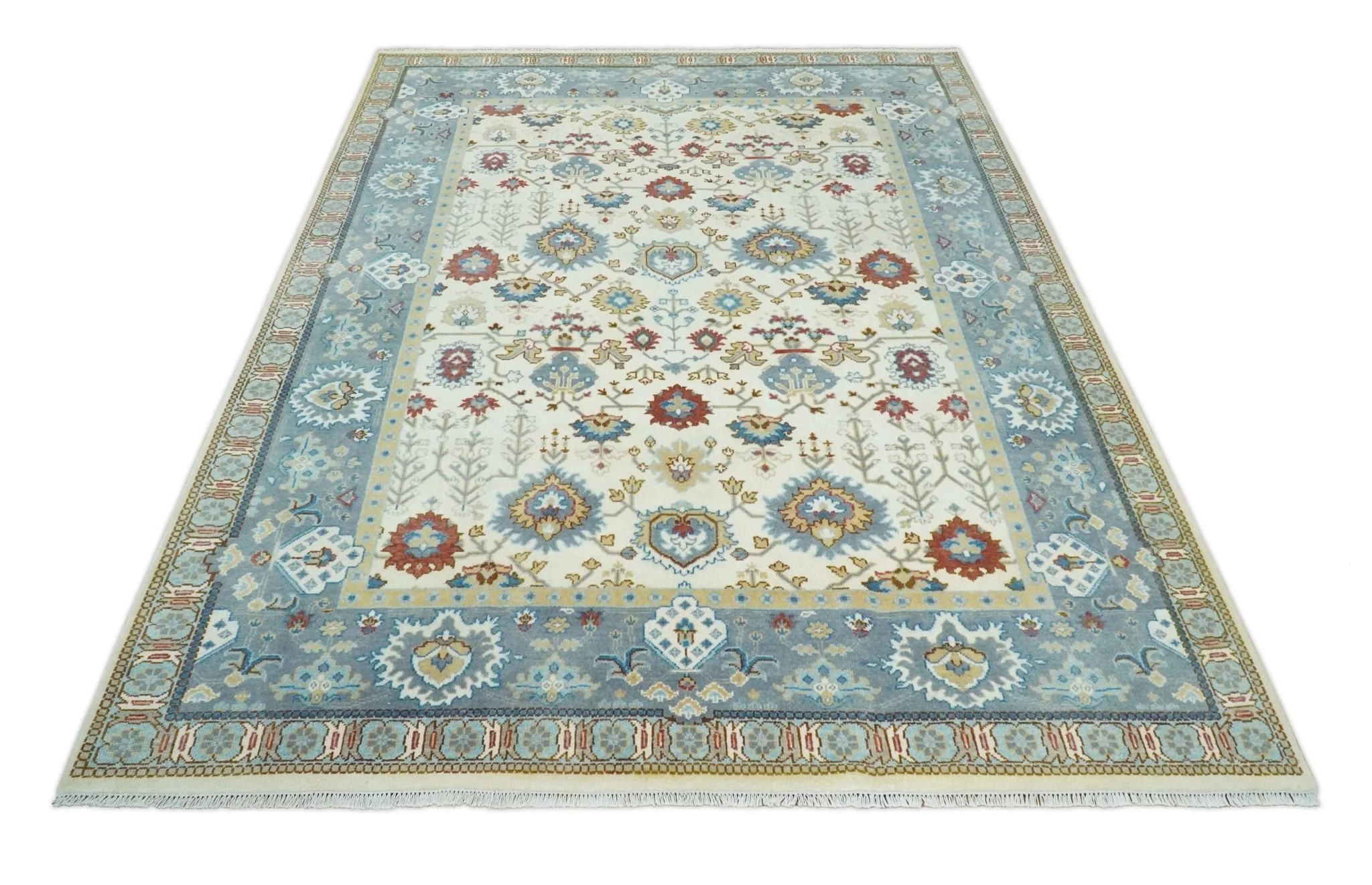 9x12 Hand Knotted Ivory, Blue and Olive Persian Oushak Wool Area Rug | TRDCP904912 - Image 11