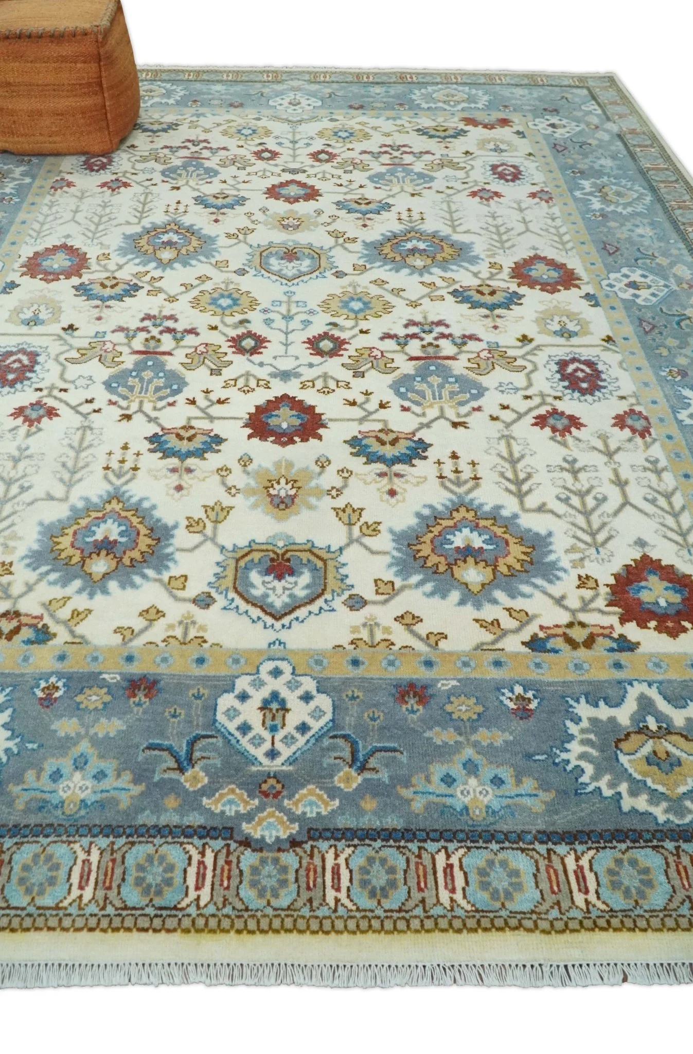 9x12 Hand Knotted Ivory, Blue and Olive Persian Oushak Wool Area Rug | TRDCP904912 - Image 3