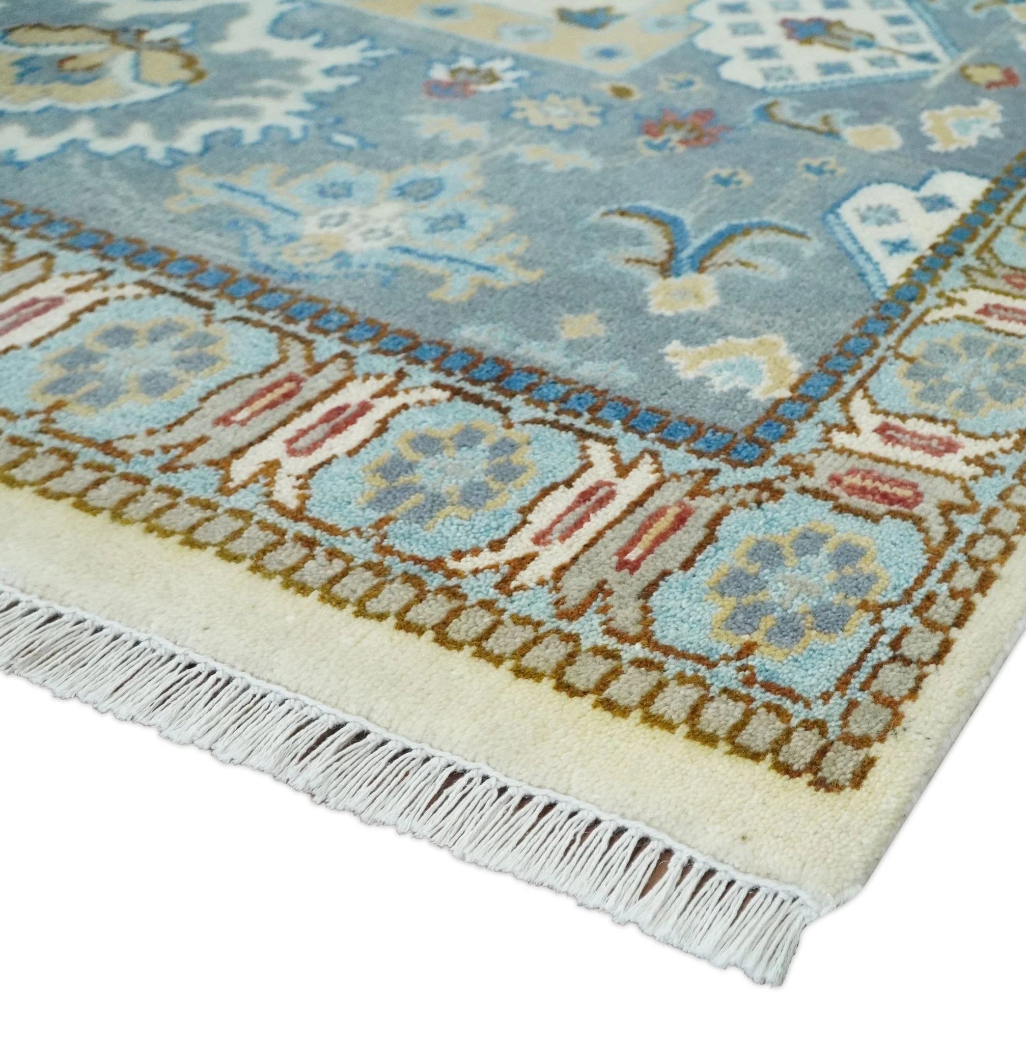9x12 Hand Knotted Ivory, Blue and Olive Persian Oushak Wool Area Rug | TRDCP904912 - Image 5