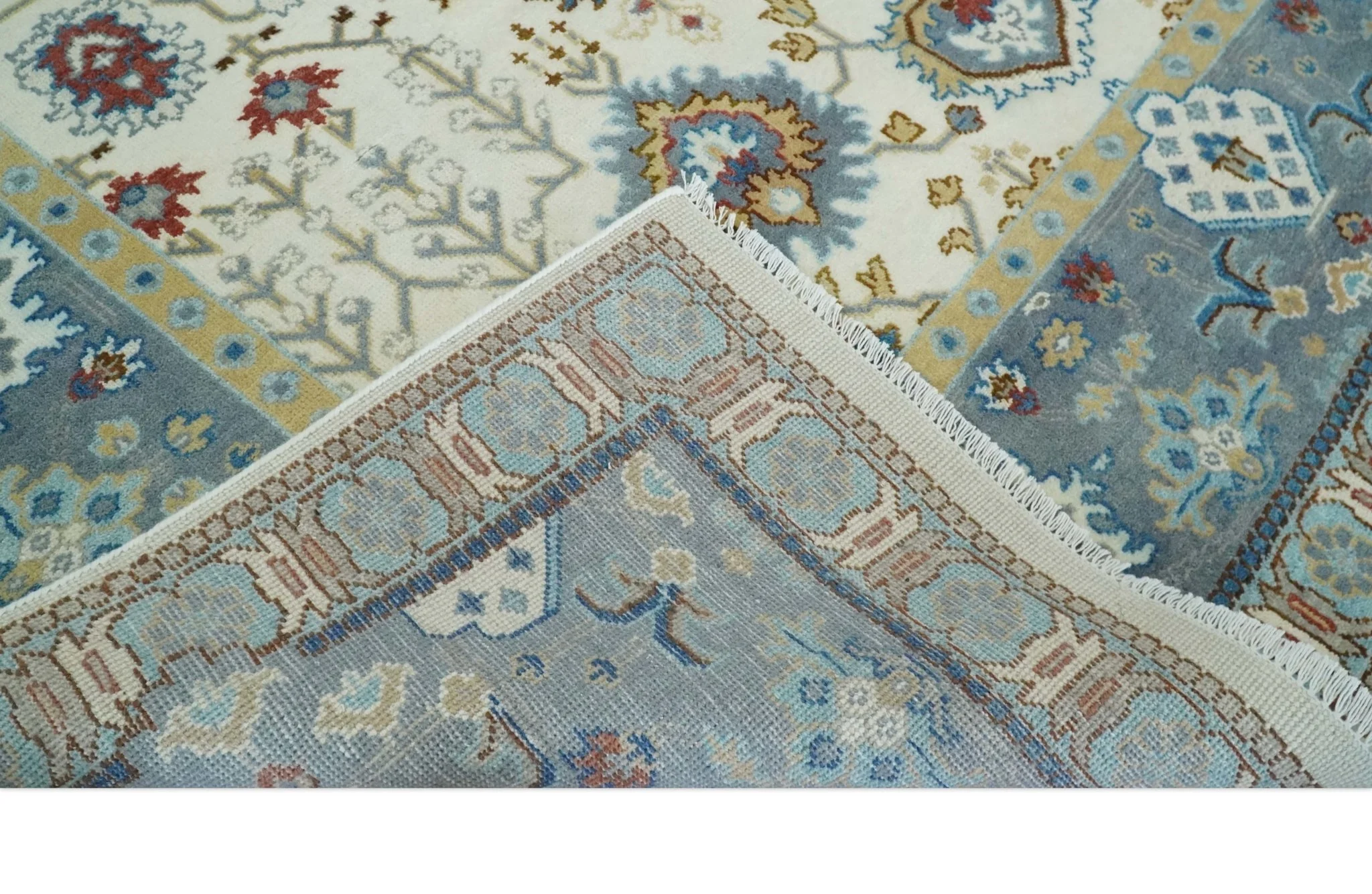 9x12 Hand Knotted Ivory, Blue and Olive Persian Oushak Wool Area Rug | TRDCP904912 - Image 7