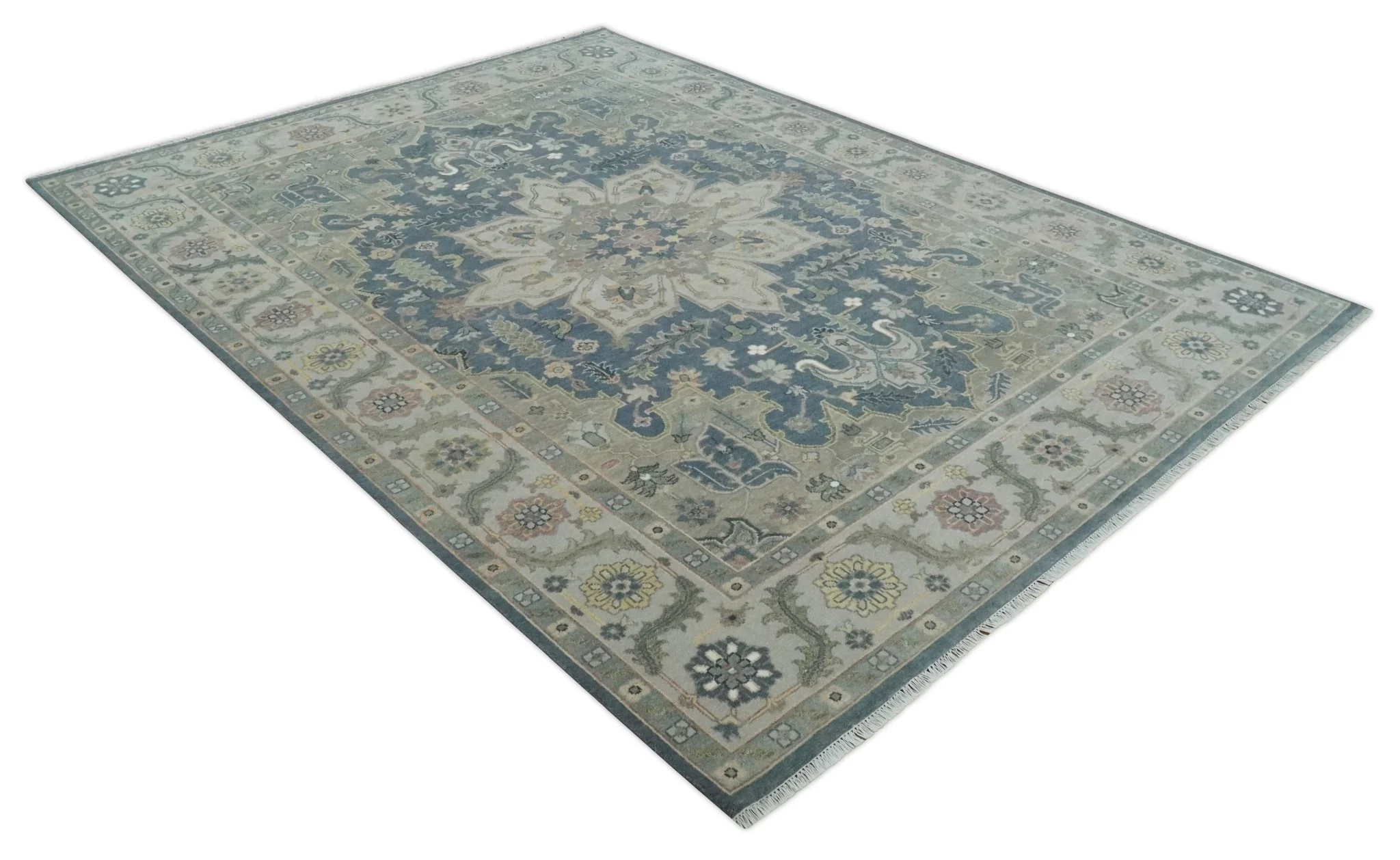 9x12 Medallion Hand Knotted Ivory, Teal and Olive Traditional Wool Area Rug - Image 10
