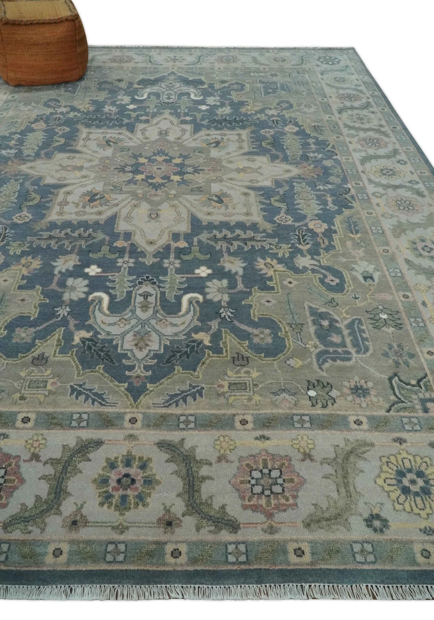 9x12 Medallion Hand Knotted Ivory, Teal and Olive Traditional Wool Area Rug - Image 3