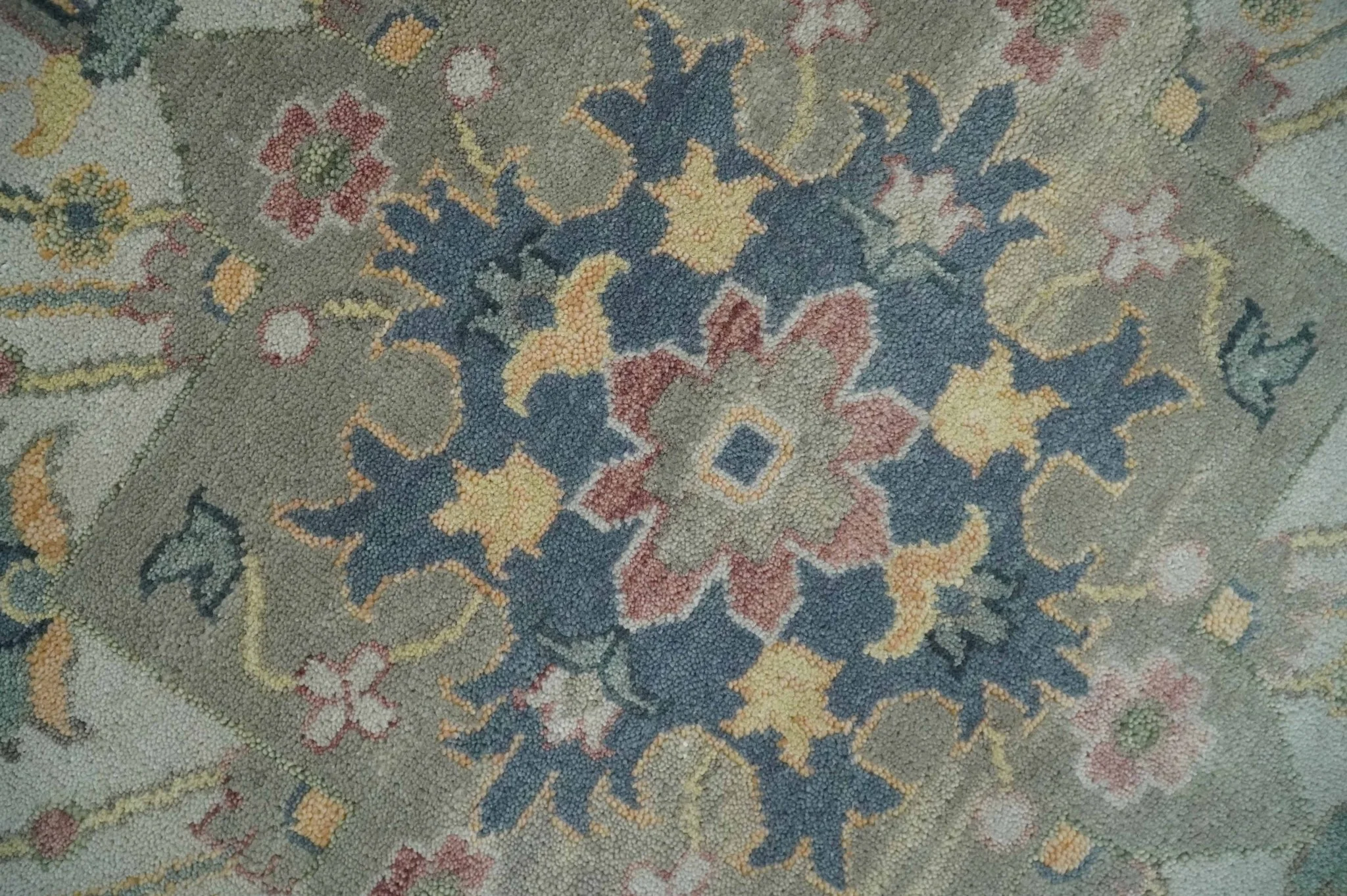 9x12 Medallion Hand Knotted Ivory, Teal and Olive Traditional Wool Area Rug - Image 4