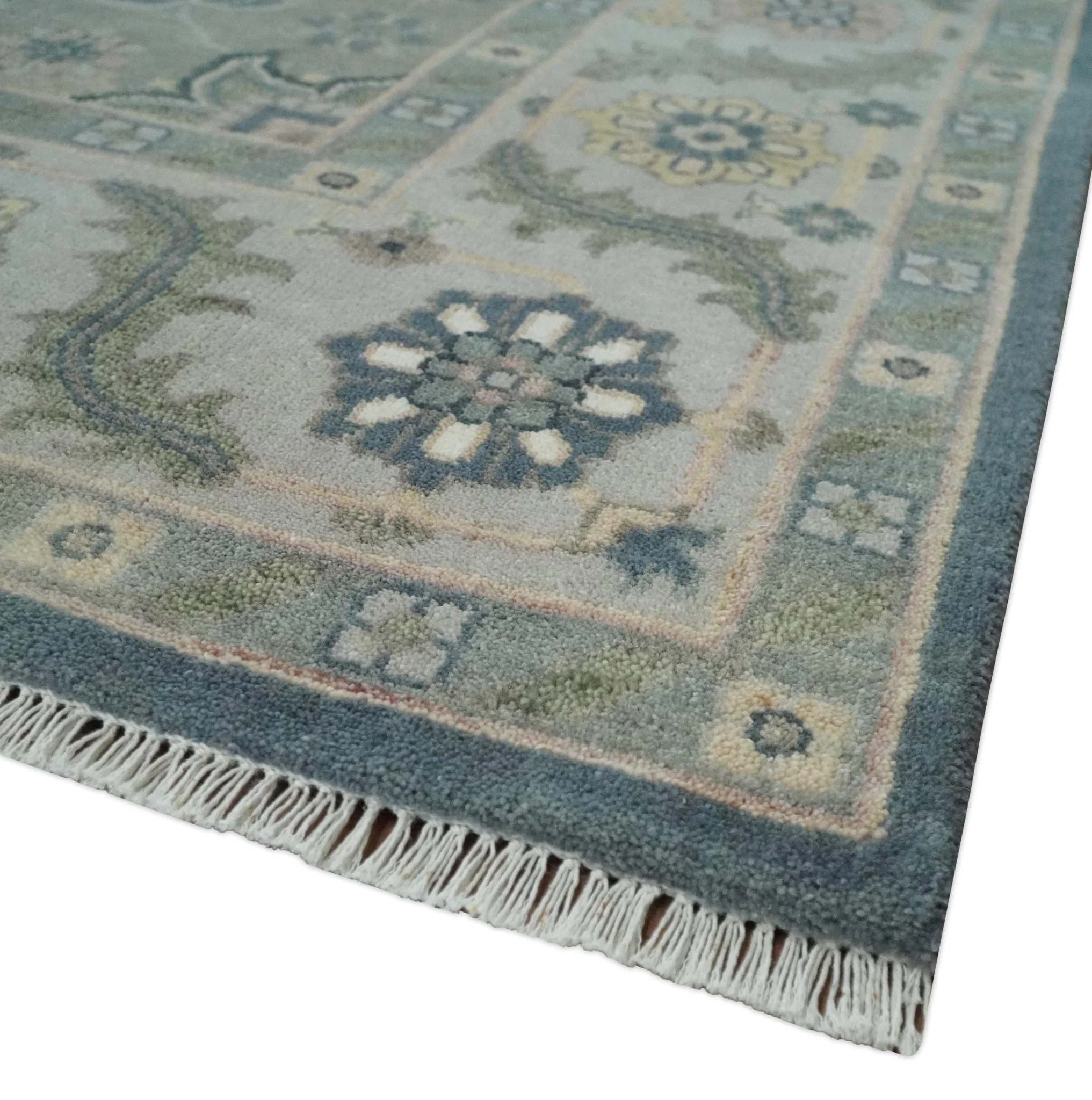 9x12 Medallion Hand Knotted Ivory, Teal and Olive Traditional Wool Area Rug - Image 5