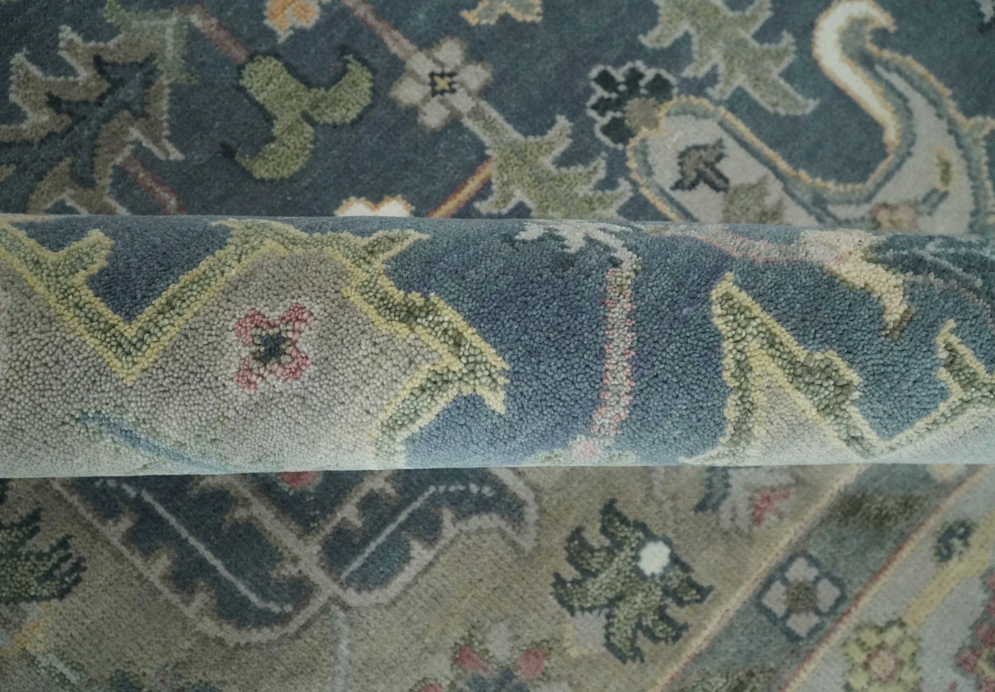 9x12 Medallion Hand Knotted Ivory, Teal and Olive Traditional Wool Area Rug - Image 6
