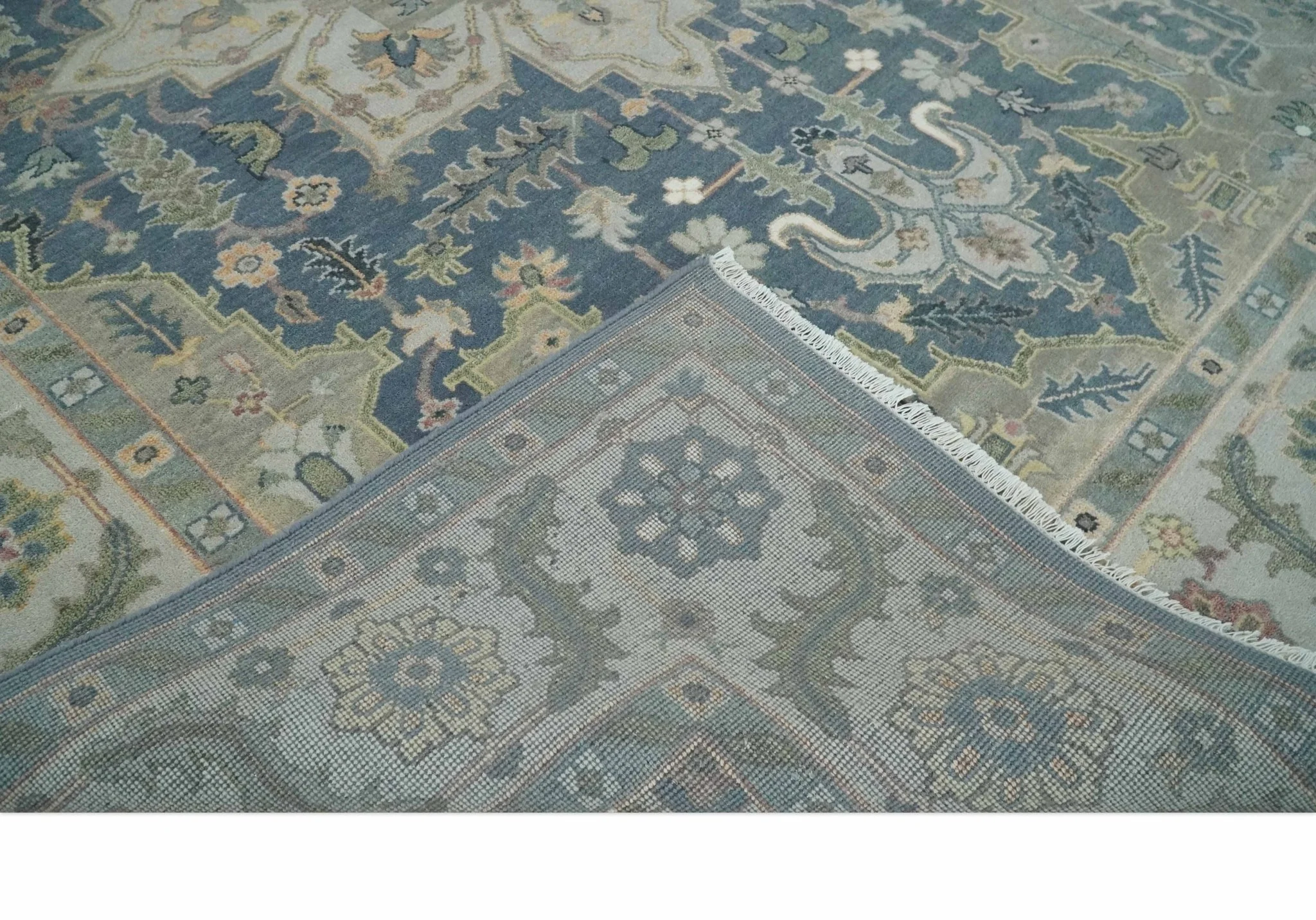 9x12 Medallion Hand Knotted Ivory, Teal and Olive Traditional Wool Area Rug - Image 7