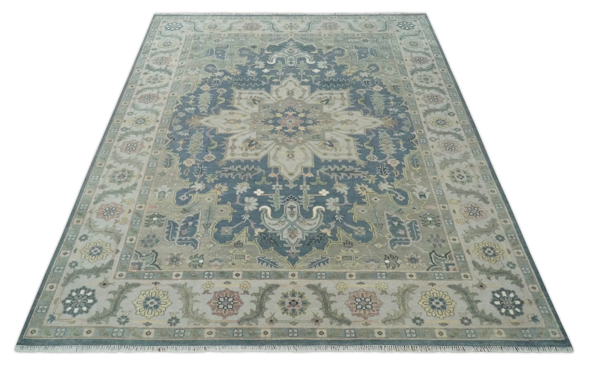 9x12 Medallion Hand Knotted Ivory, Teal and Olive Traditional Wool Area Rug - Image 9