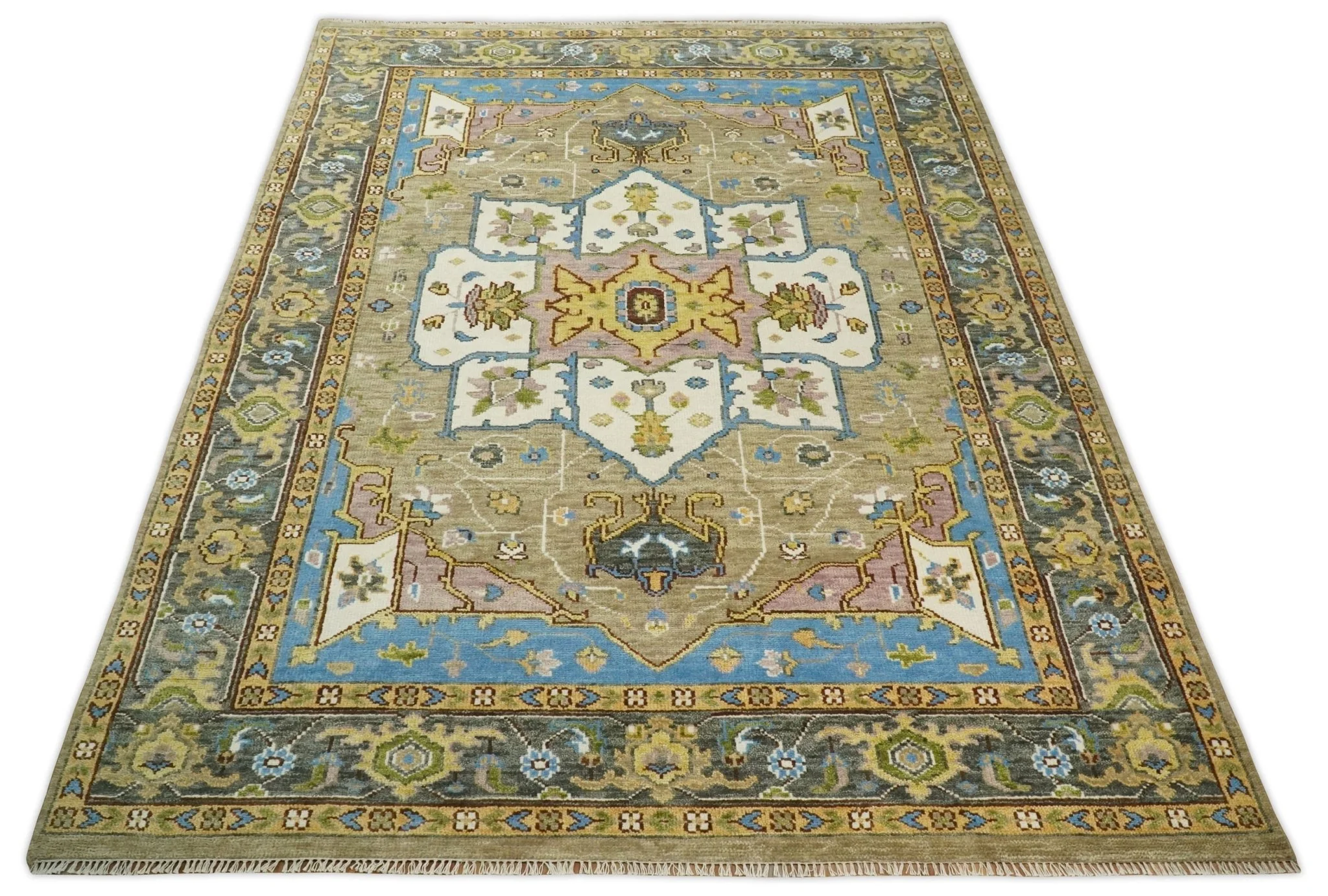 Antique Olive 9x12 Hand Knotted Ivory and Gold Traditional Persian Rug | TRDCP701912 - Image 10