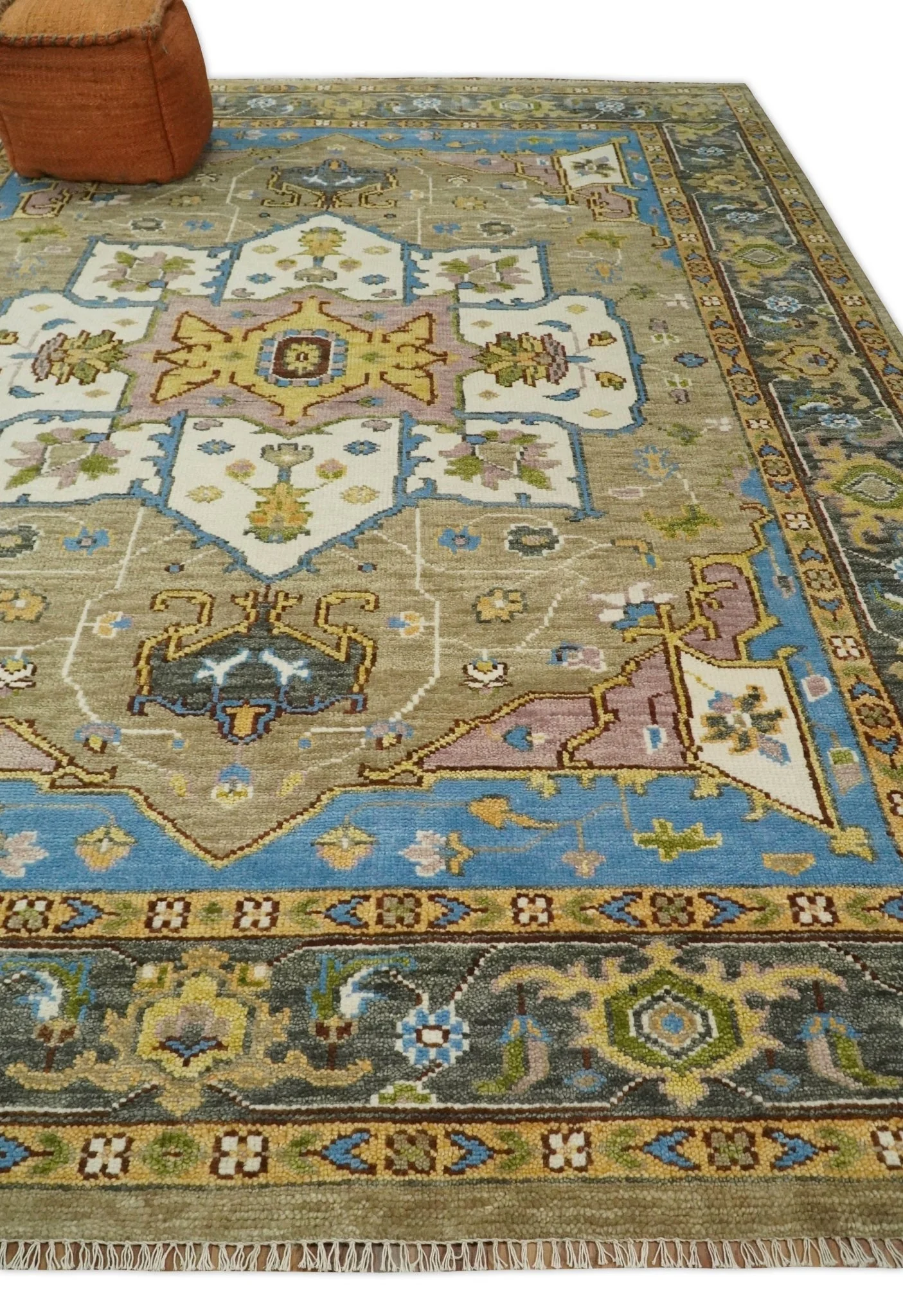 Antique Olive 9x12 Hand Knotted Ivory and Gold Traditional Persian Rug | TRDCP701912 - Image 3