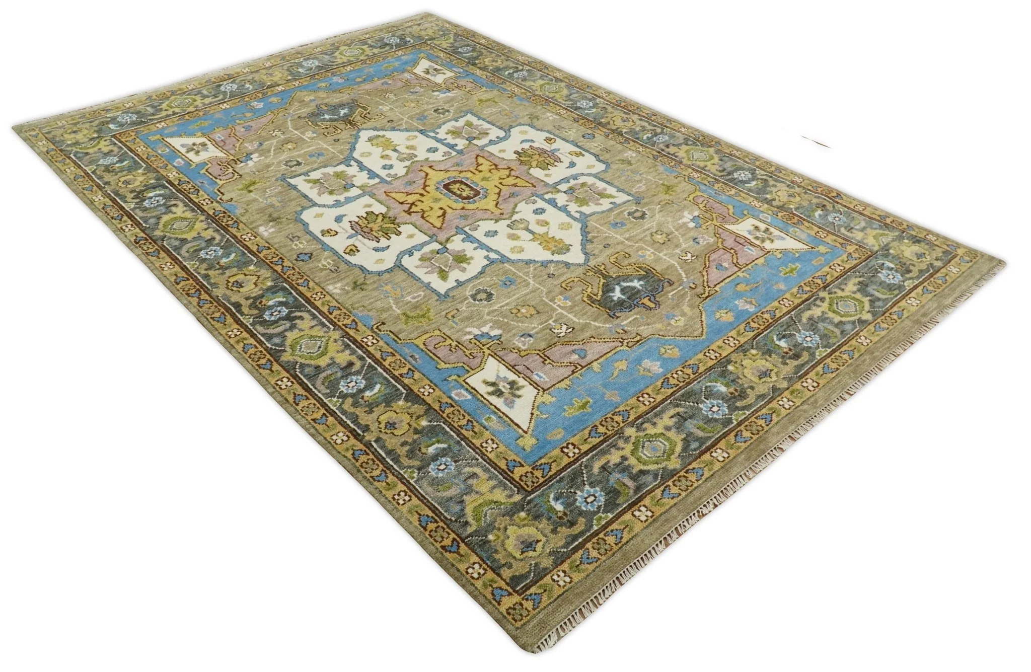 Antique Olive 9x12 Hand Knotted Ivory and Gold Traditional Persian Rug | TRDCP701912 - Image 9