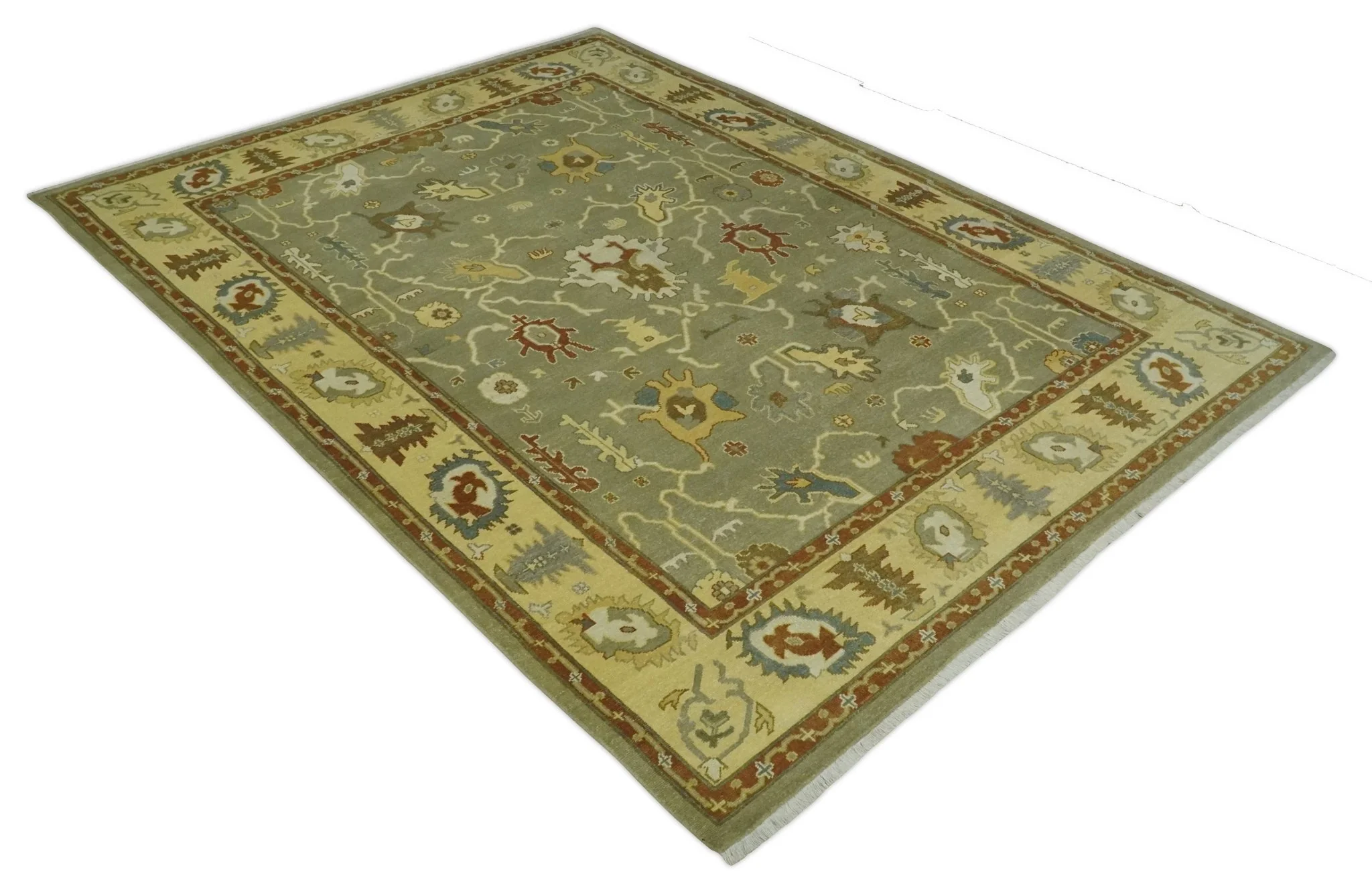9x12 Hand Knotted Olive and Gold Traditional Oushak Wool Area Rug - Image 10