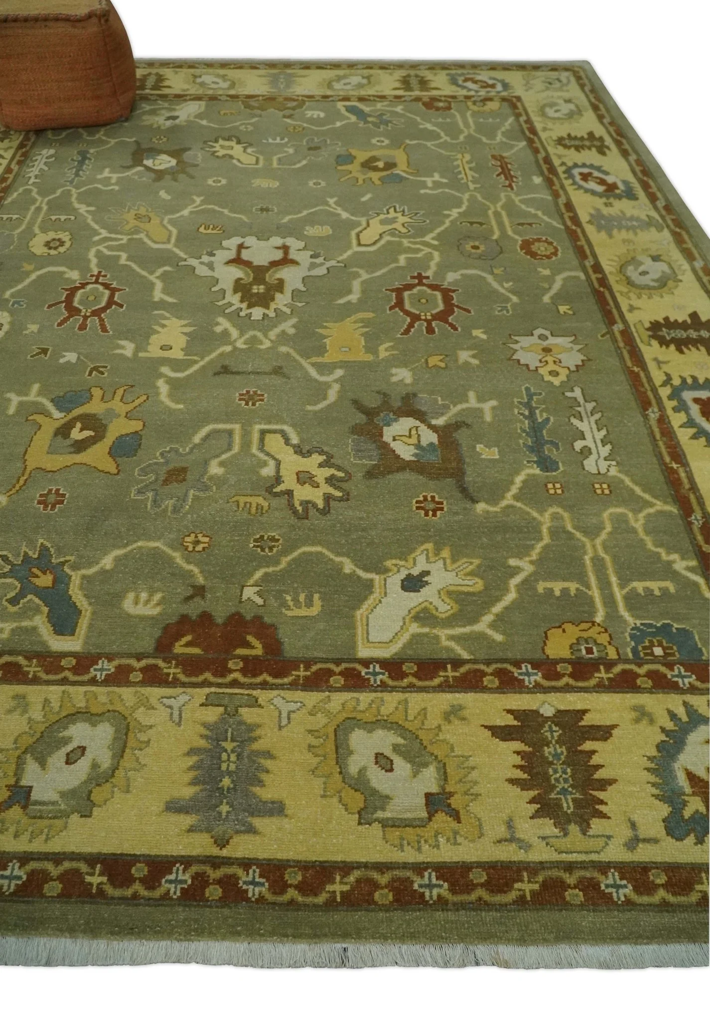 9x12 Hand Knotted Olive and Gold Traditional Oushak Wool Area Rug - Image 3