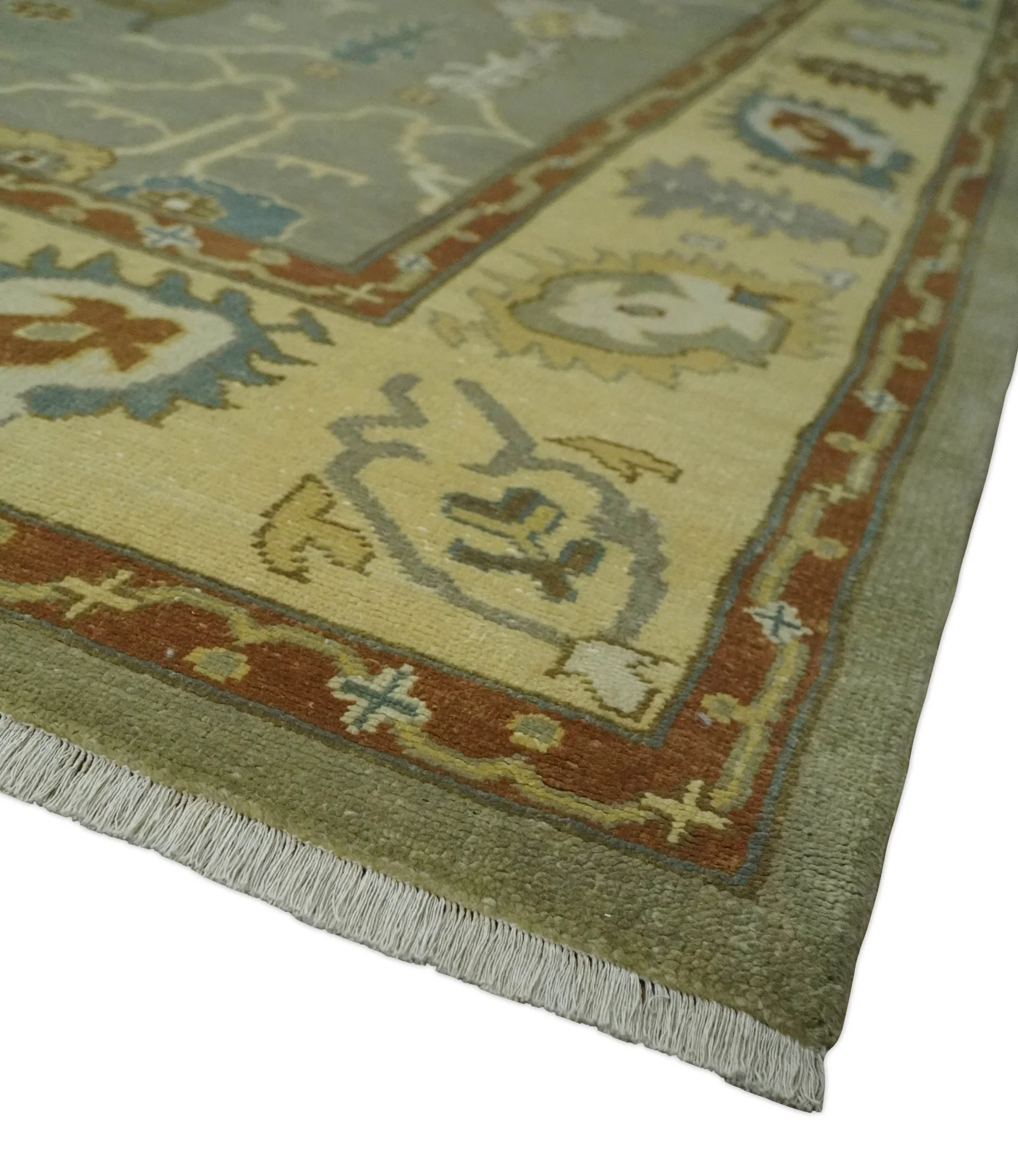9x12 Hand Knotted Olive and Gold Traditional Oushak Wool Area Rug - Image 5