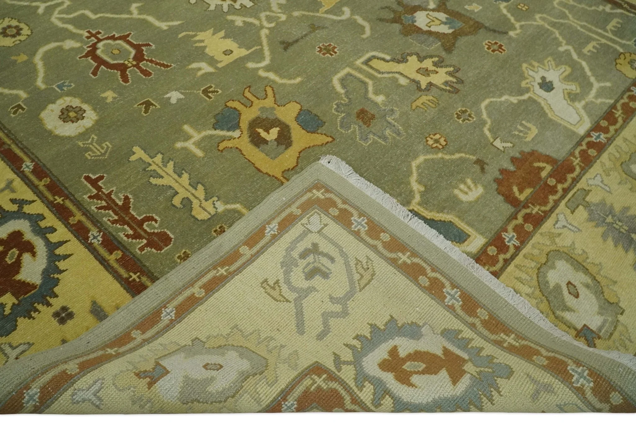 9x12 Hand Knotted Olive and Gold Traditional Oushak Wool Area Rug - Image 7