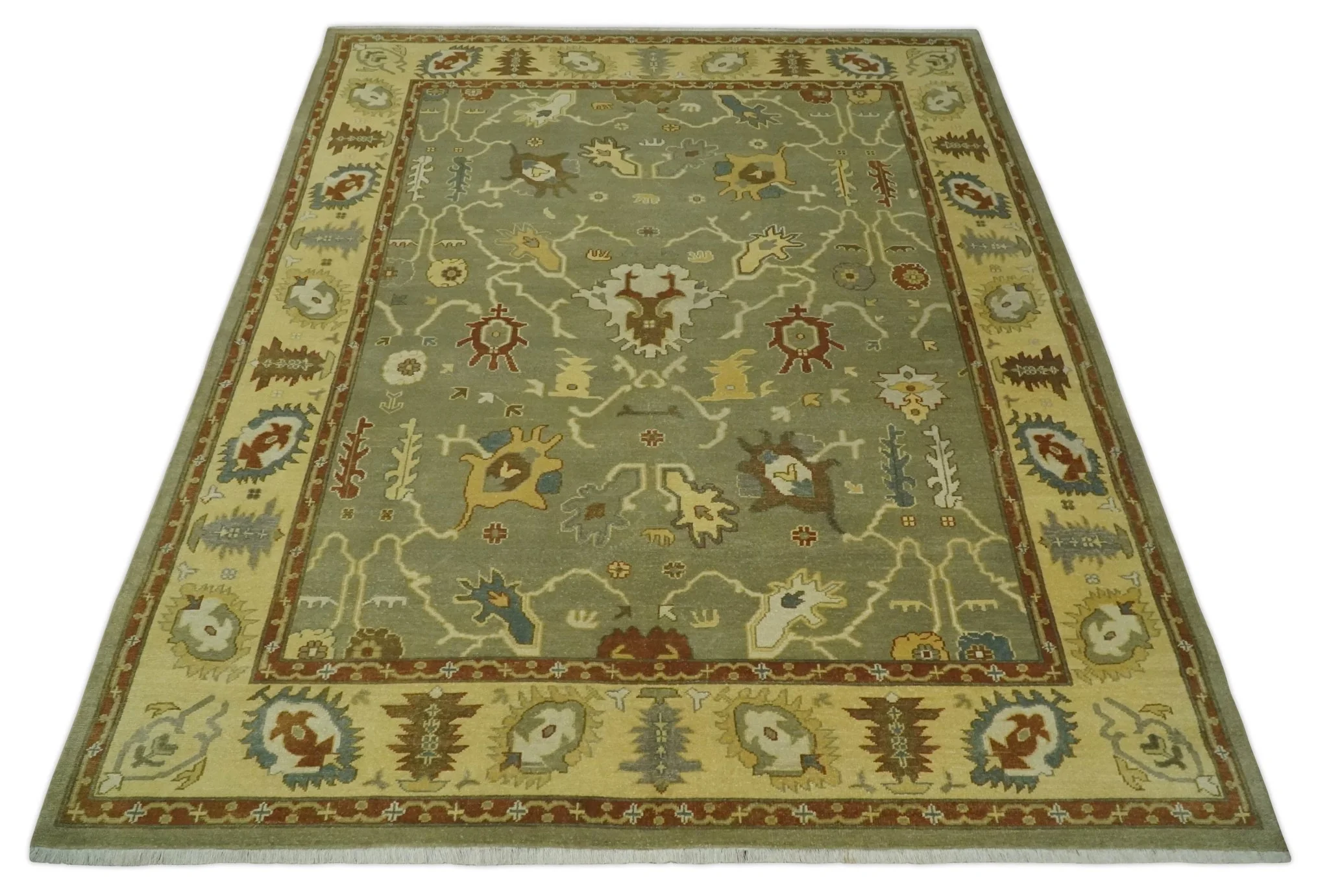 9x12 Hand Knotted Olive and Gold Traditional Oushak Wool Area Rug - Image 9
