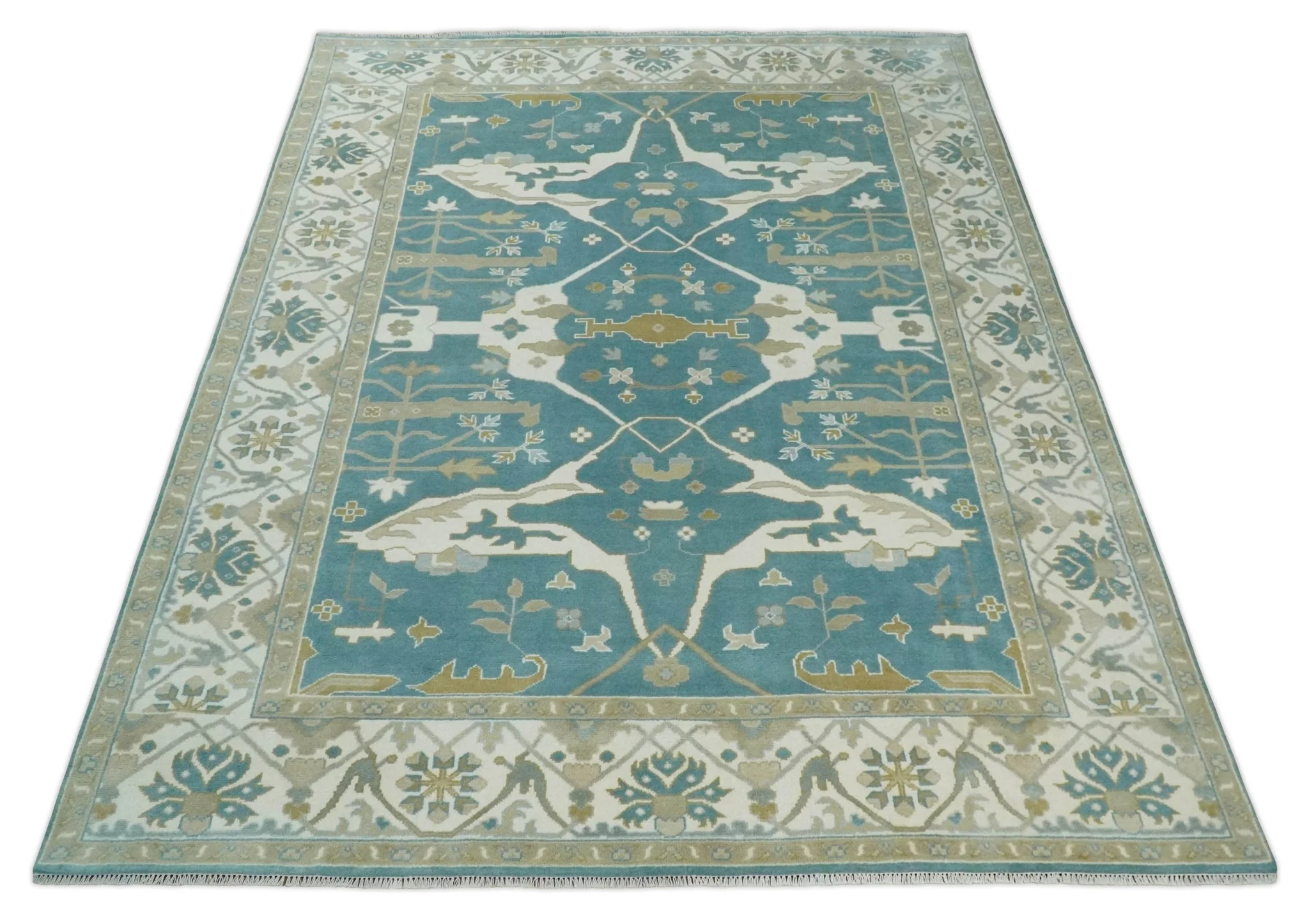 9x12 Hand Knotted Oriental Oushak Teal, Ivory and Beige Wool Area Rug - Image 10